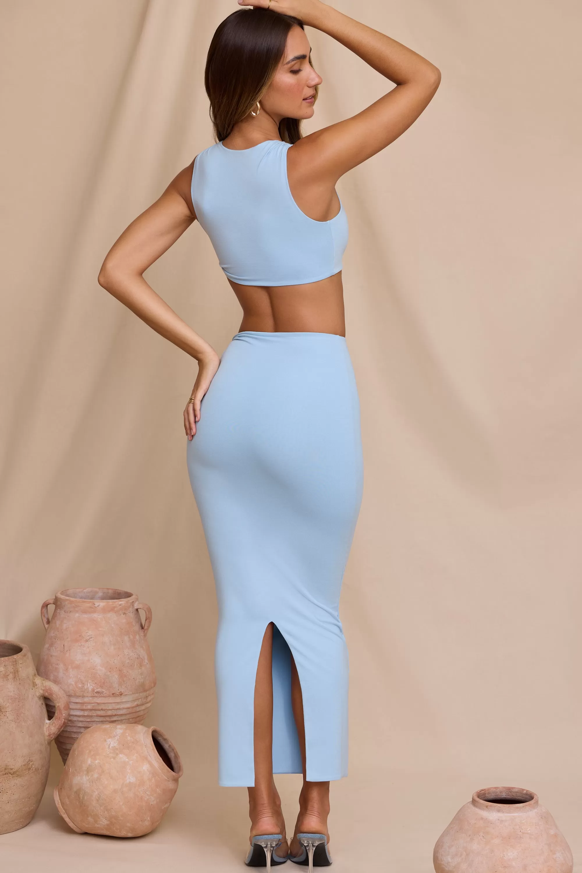 Oh Polly Mid Rise Twist Maxi Skirt In Sky Blue Hot