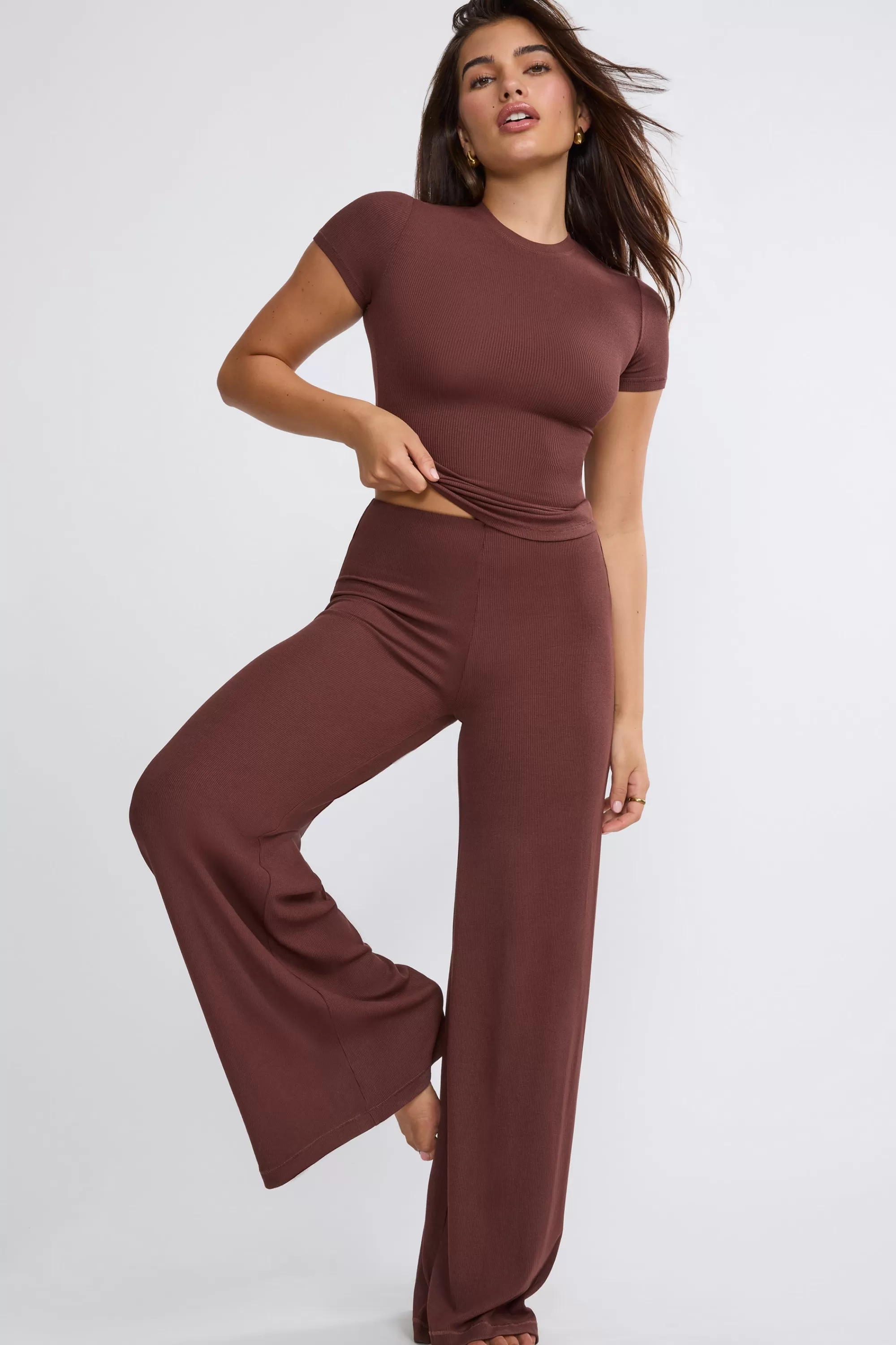 Oh Polly Mid Rise Wide Leg Trouser In Chocolate Best Sale