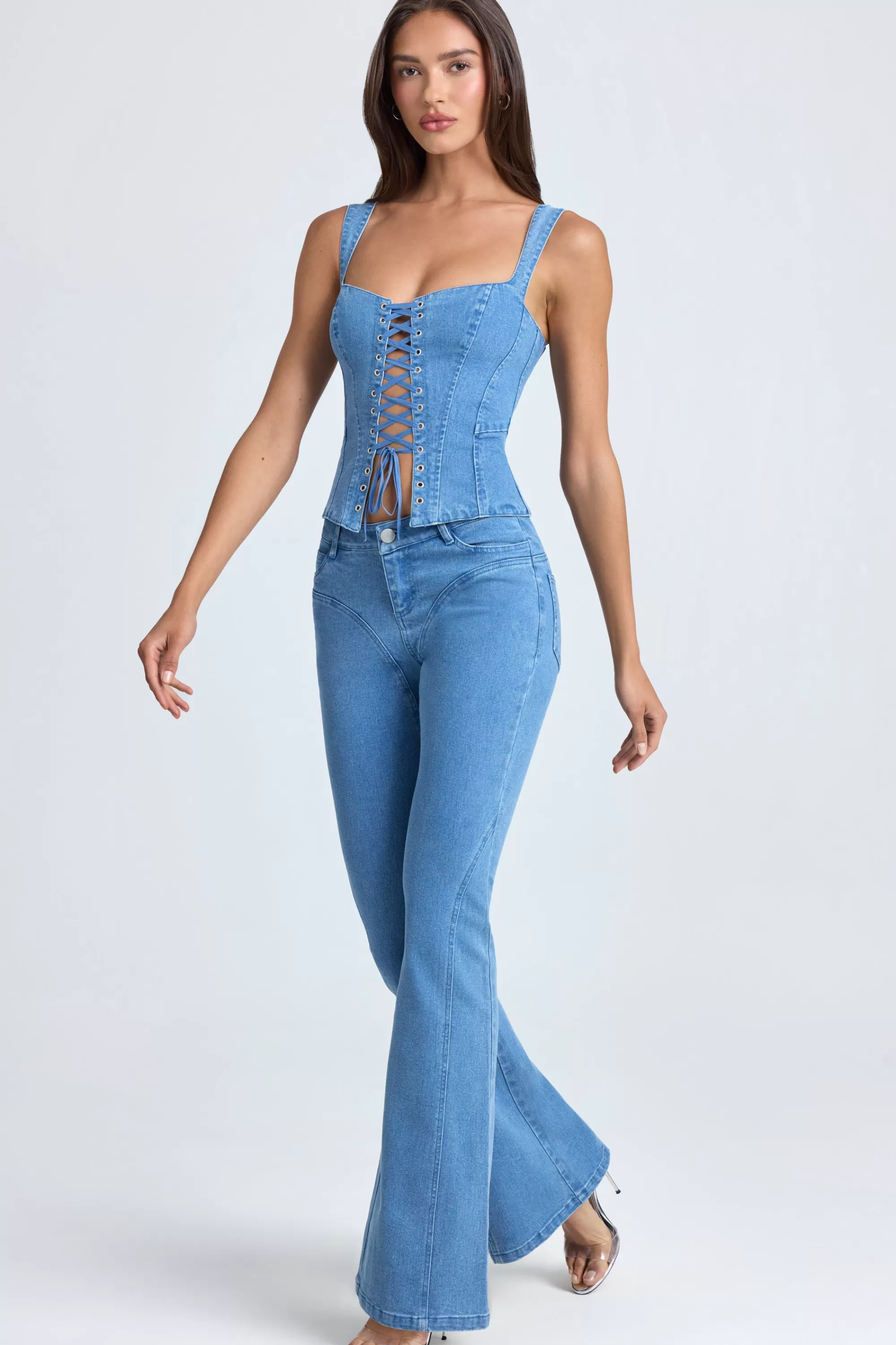 Oh Polly Mid-Rise Flared Jeans In Mid Blue Stonewash Flash Sale