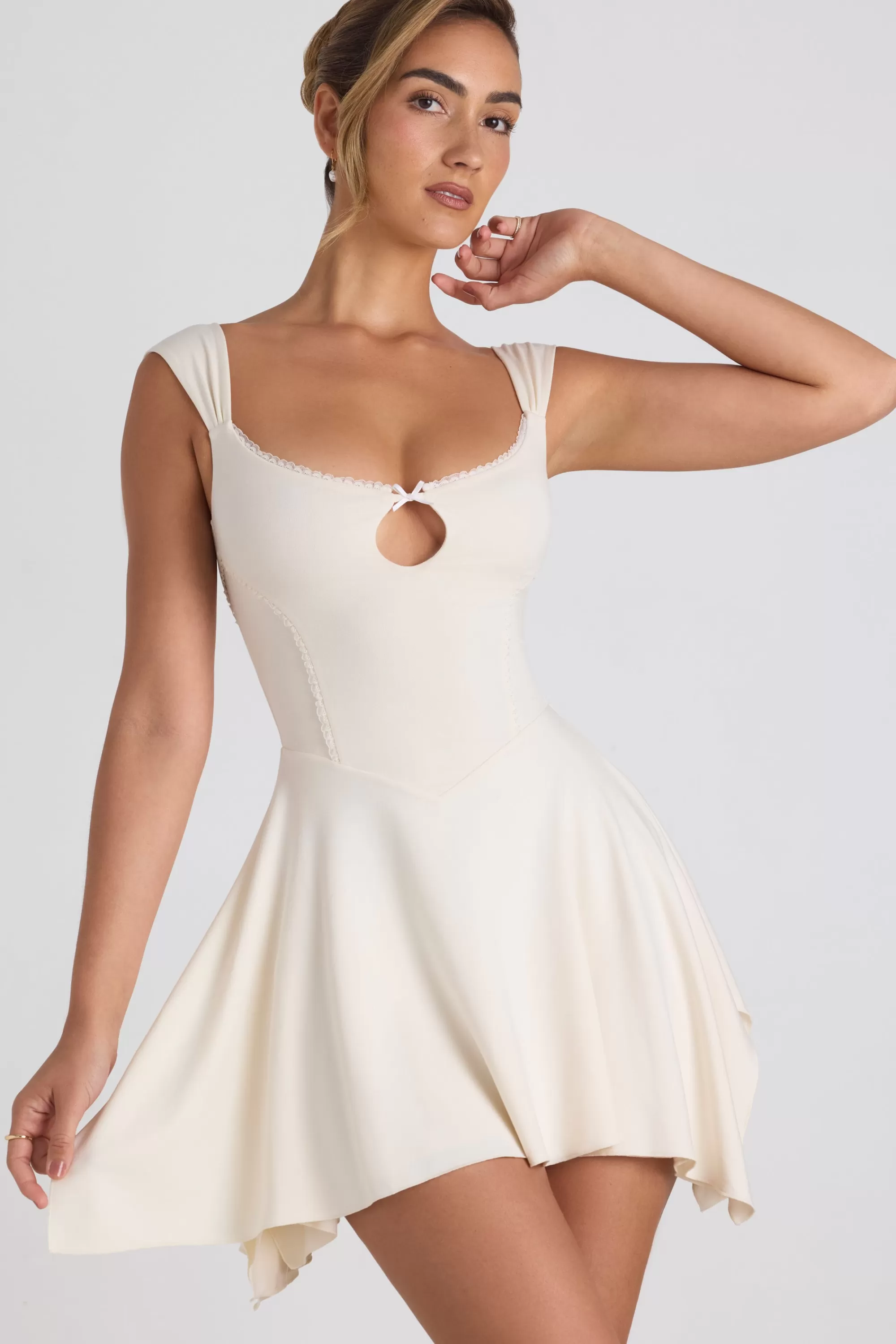 Oh Polly Modal Asymmetric Lace-Trim A-Line Mini Dress In Ivory Shop