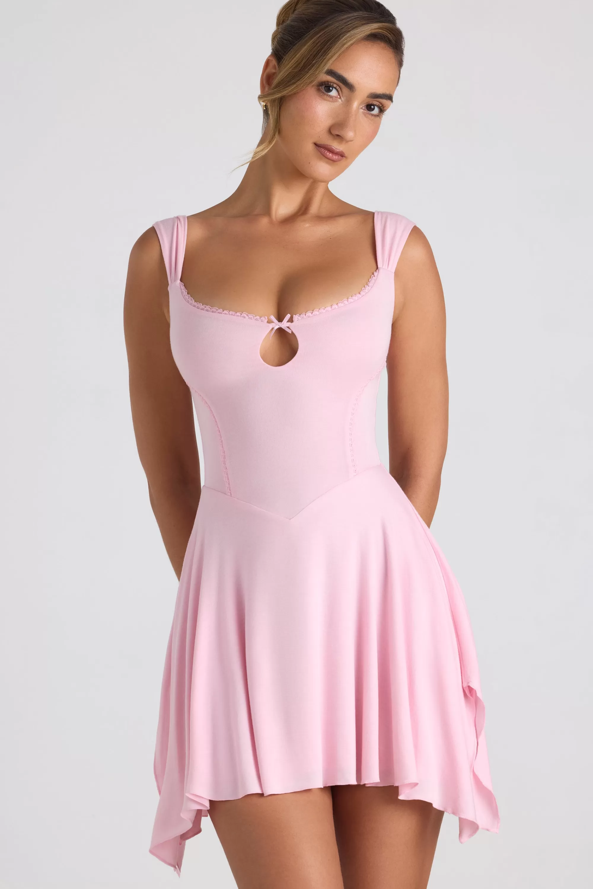 Oh Polly Modal Asymmetric Lace-Trim A-Line Mini Dress In Soft Pink Store