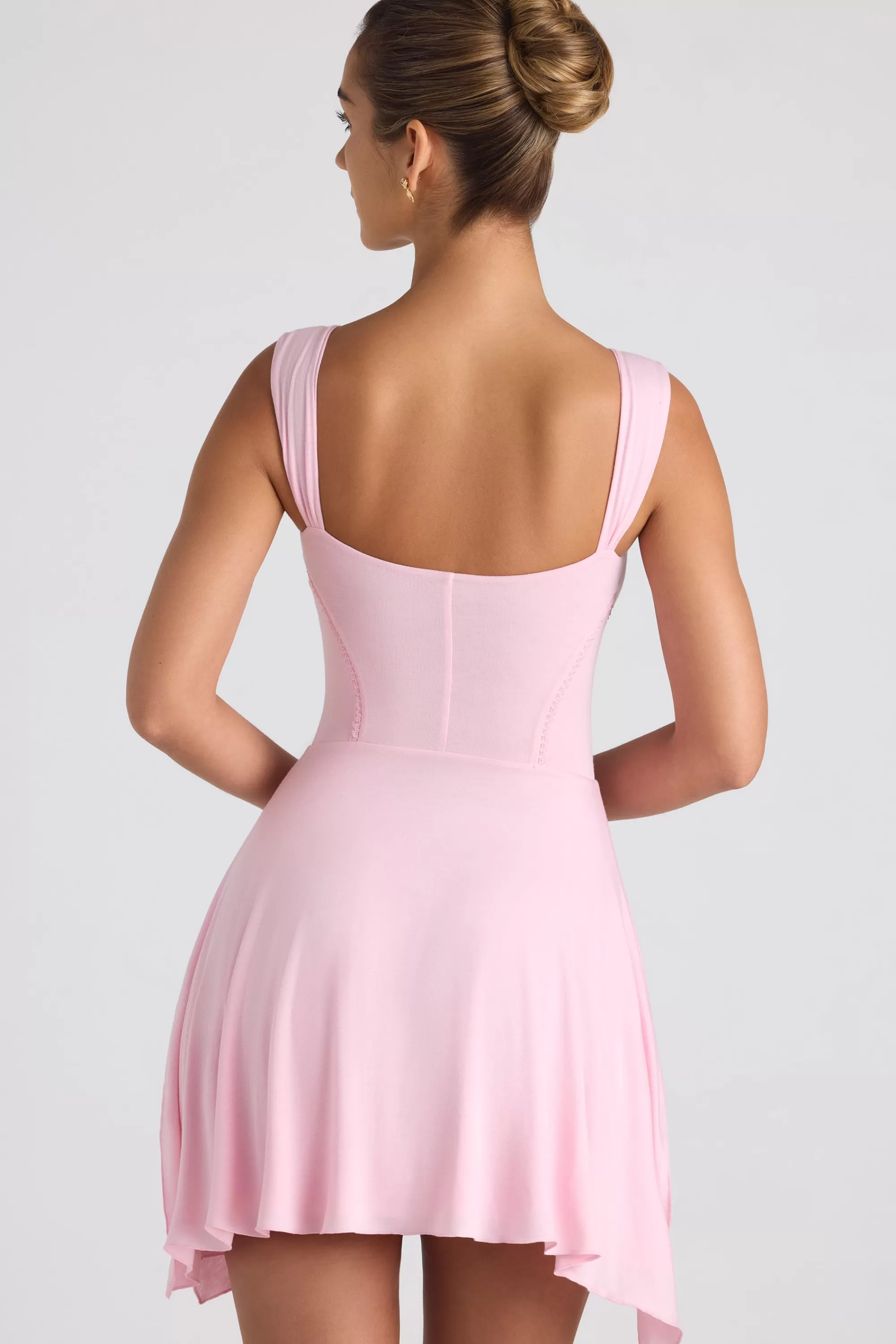 Oh Polly Modal Asymmetric Lace-Trim A-Line Mini Dress In Soft Pink Store