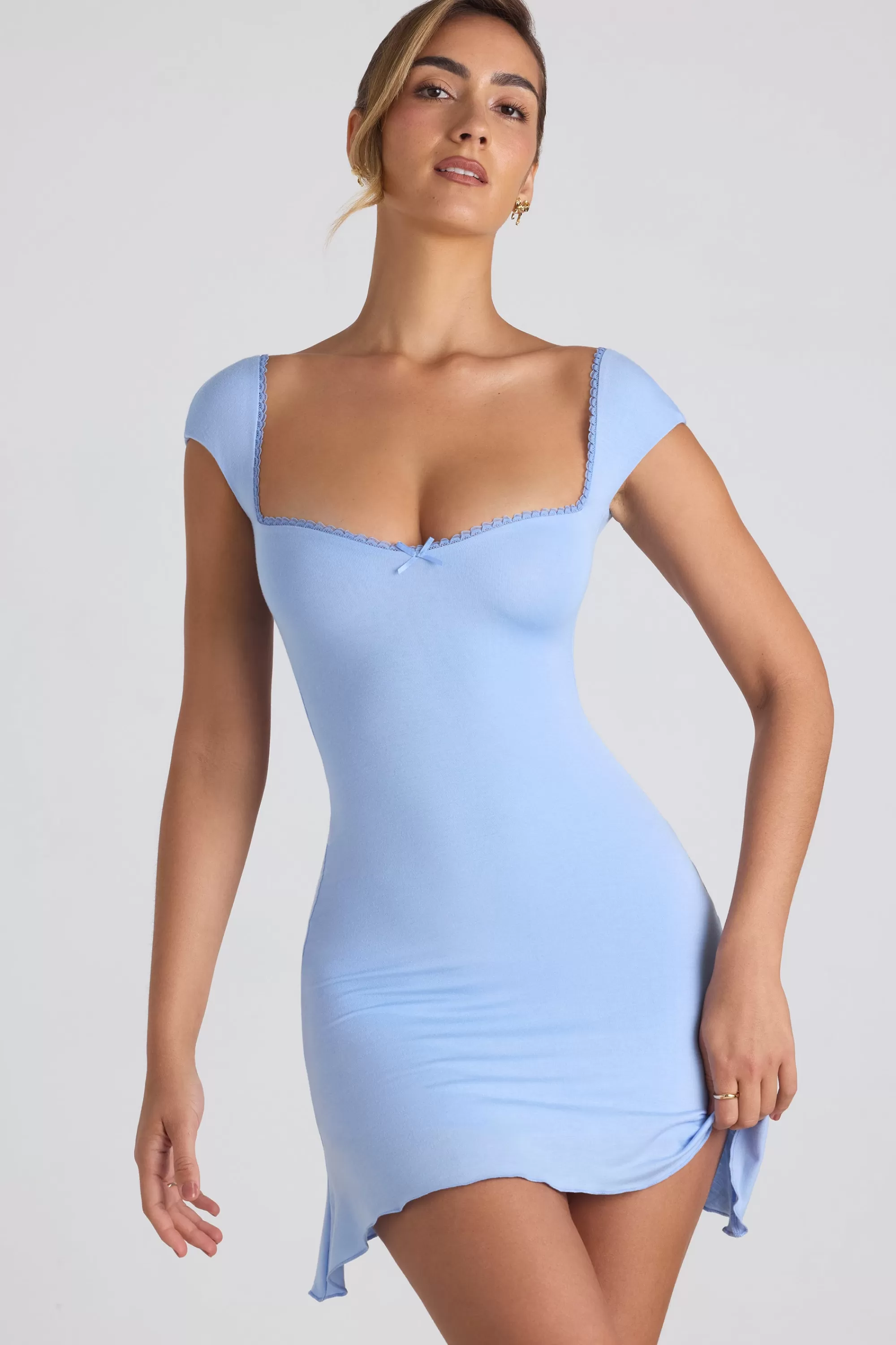 Oh Polly Modal Asymmetric Lace-Up A-Line Mini Dress In Sky Blue New