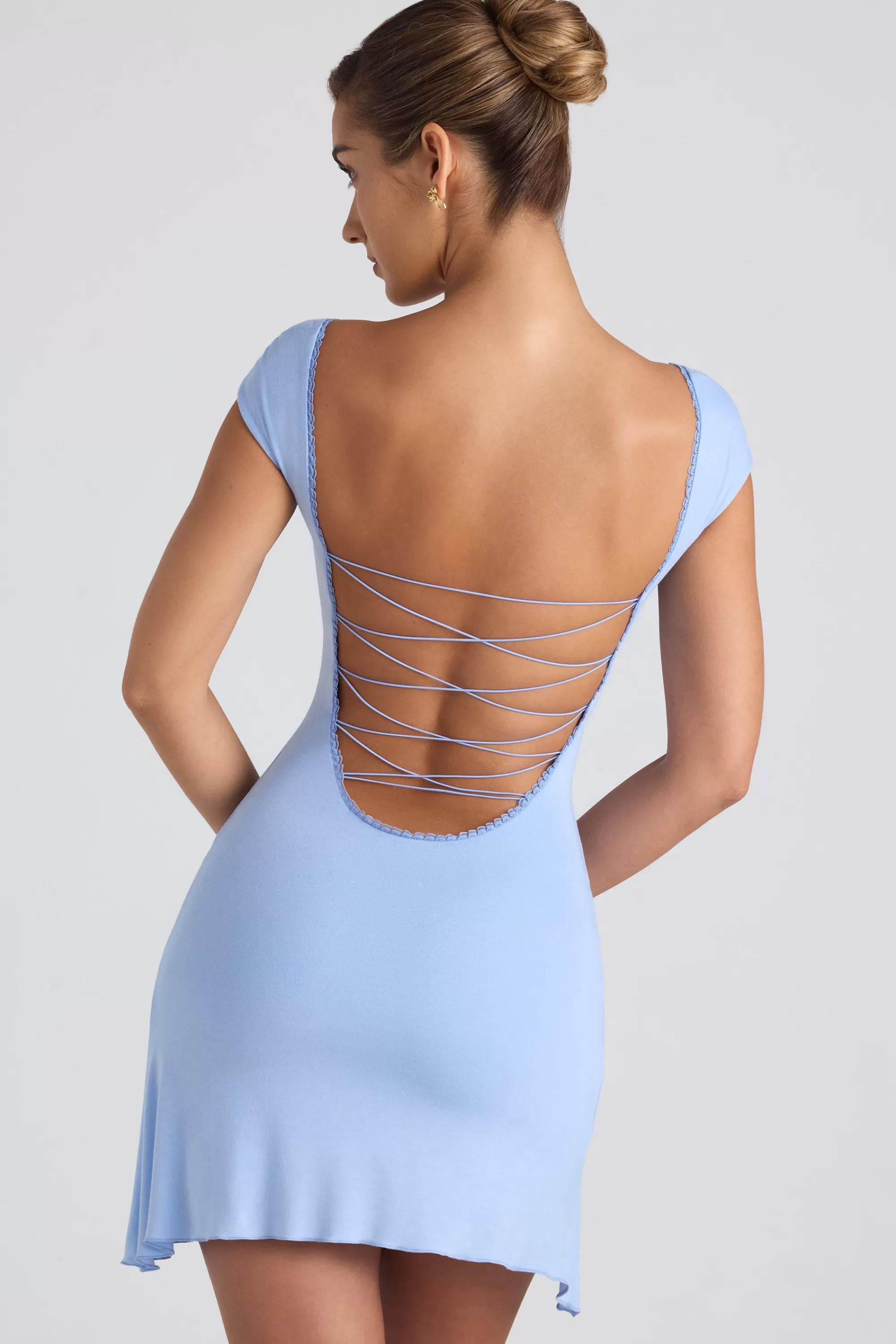 Oh Polly Modal Asymmetric Lace-Up A-Line Mini Dress In Sky Blue New