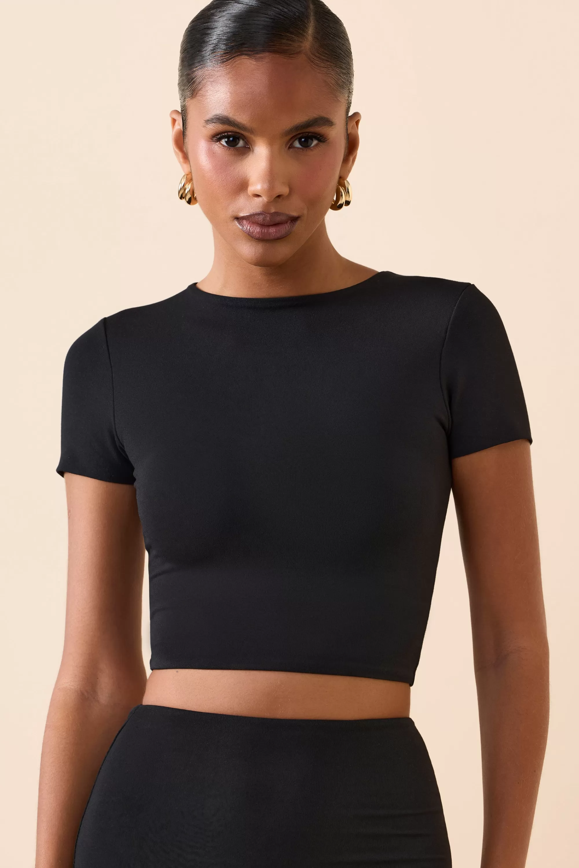 Oh Polly Modal Cap-Sleeve Crop Top In Black Shop