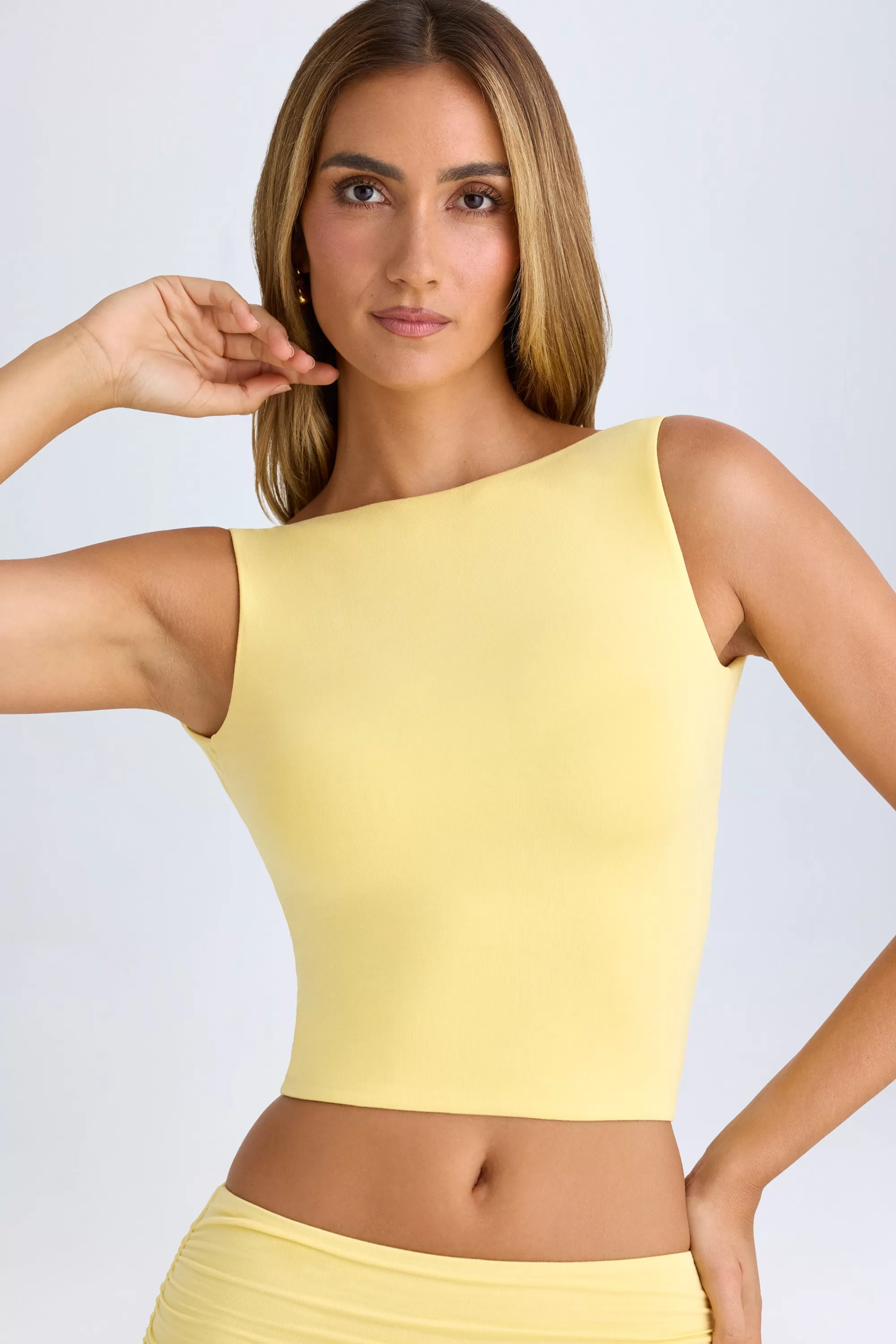 Oh Polly Modal High-Neck Open-Back Crop Top In Lemon Sherbet Sale