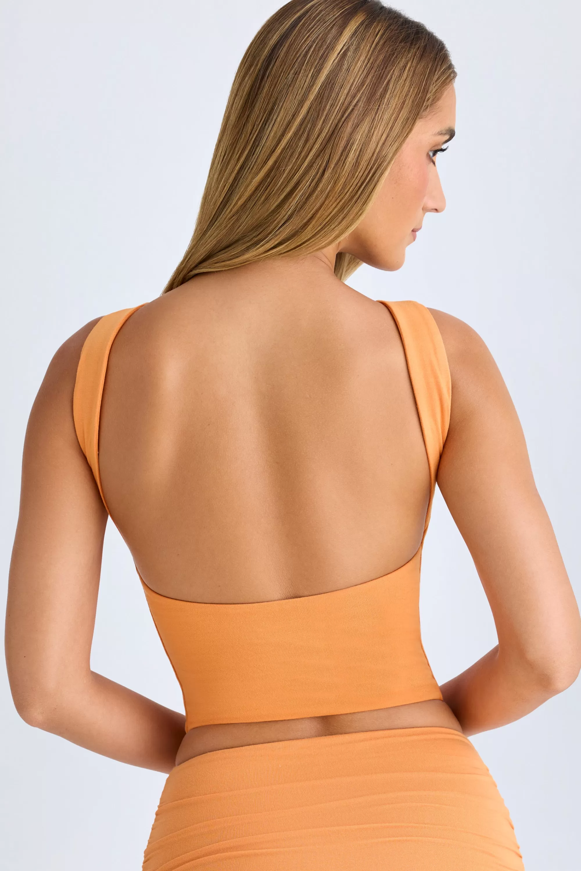 Oh Polly Modal High-Neck Open-Back Crop Top In Sunset Orange Hot