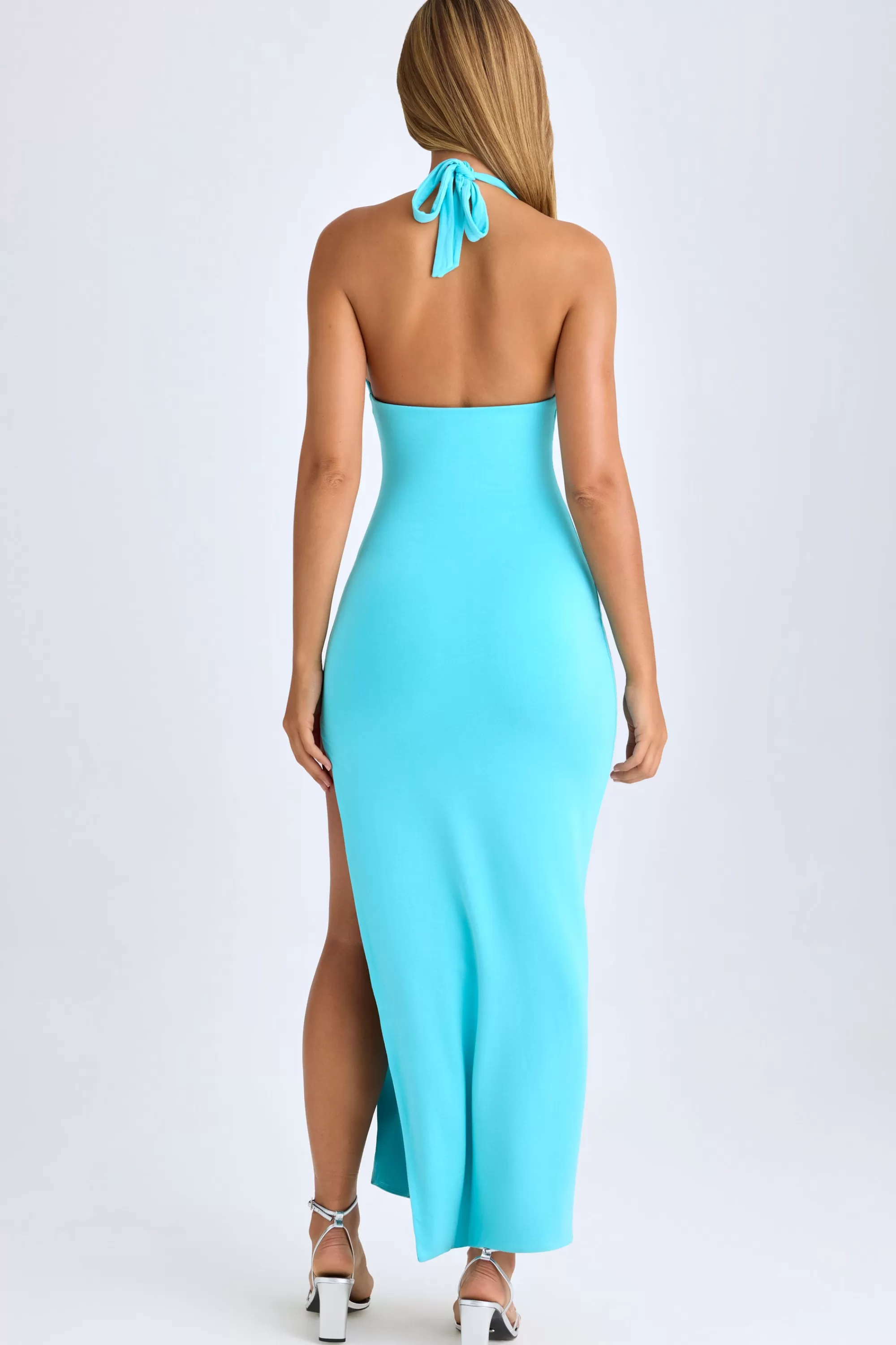 Oh Polly Modal High-Split Halterneck Maxi Dress In Aqua Blue Online