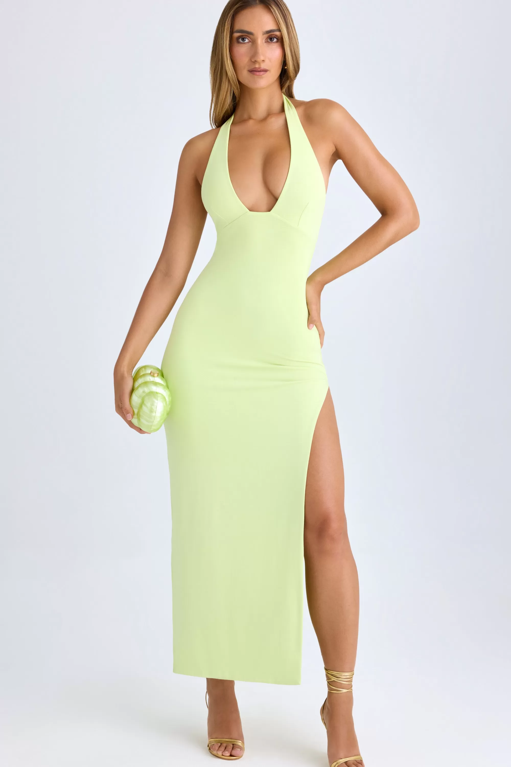 Oh Polly Modal High-Split Halterneck Maxi Dress In Matcha Green Outlet