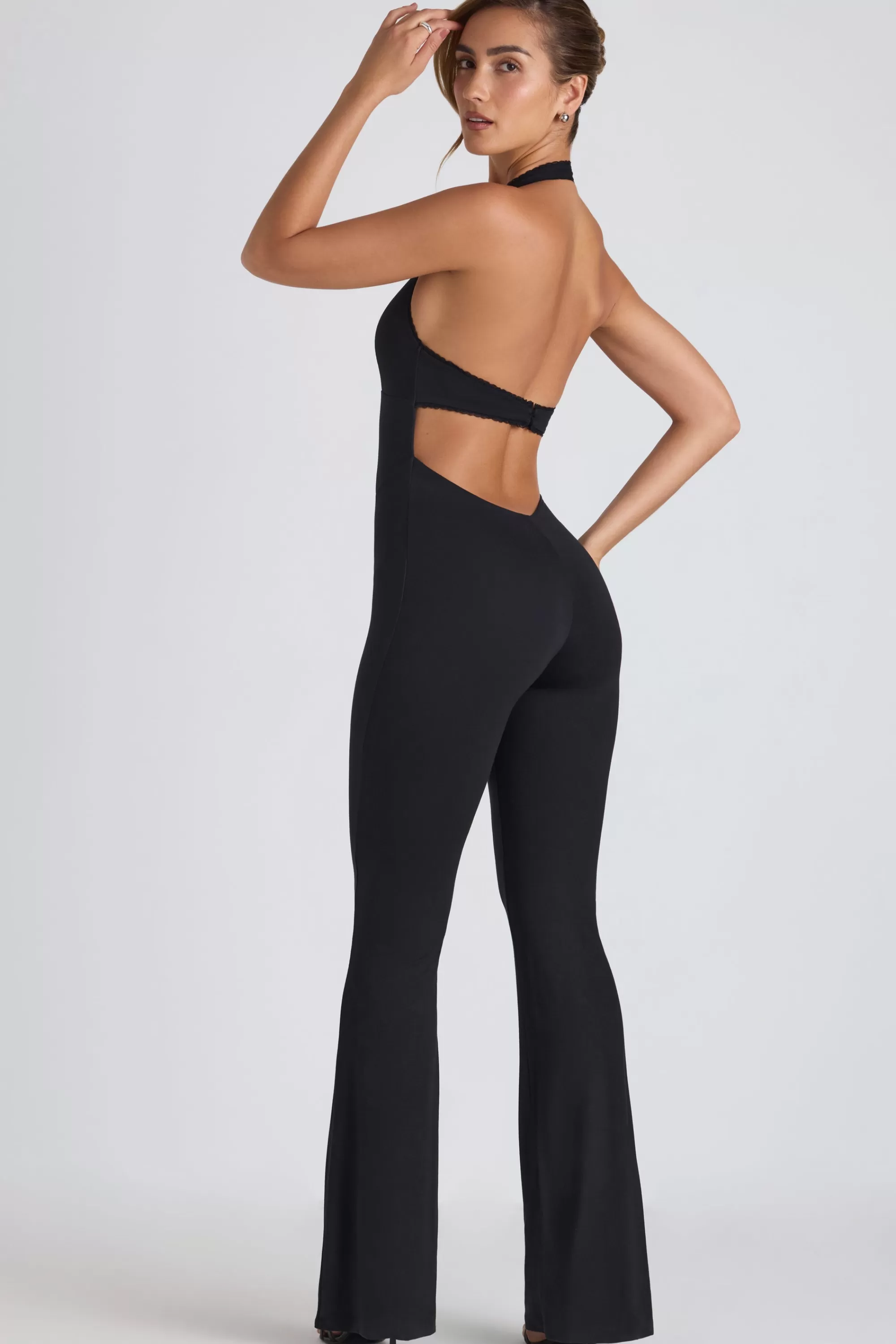 Oh Polly Modal Lace-Trim Cut-Out Flared Jumpsuit In Black Best