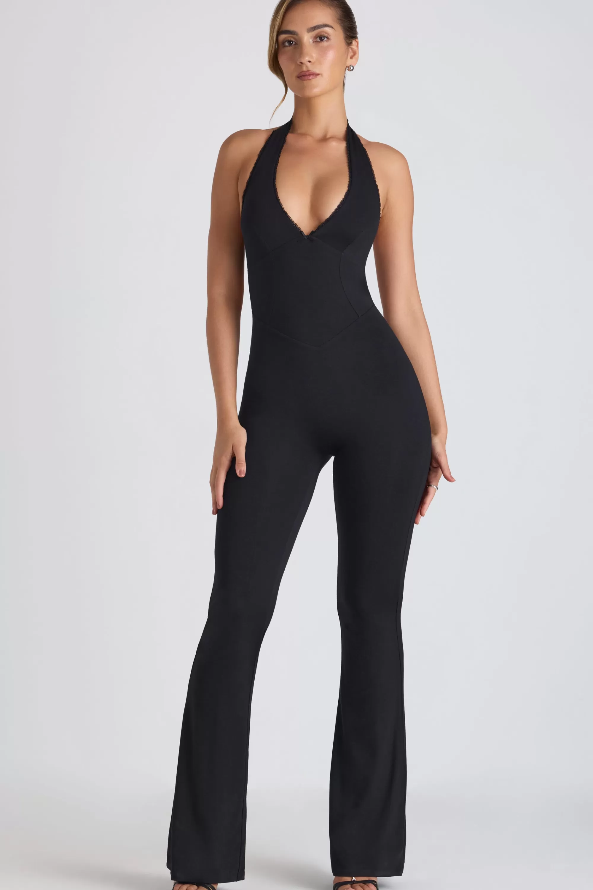 Oh Polly Modal Lace-Trim Cut-Out Flared Jumpsuit In Black Best