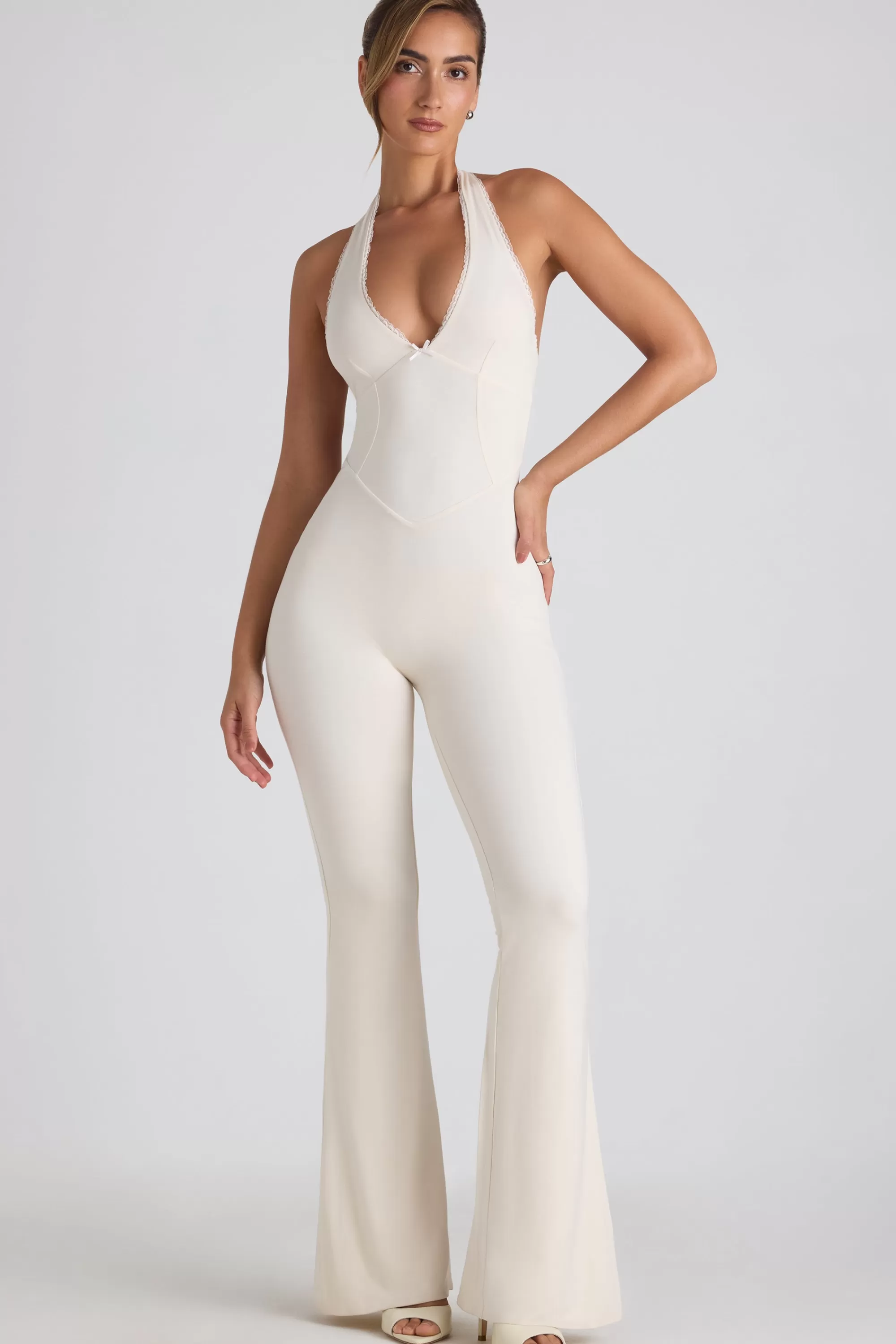 Oh Polly Modal Lace-Trim Cut-Out Flared Jumpsuit In Ivory Discount