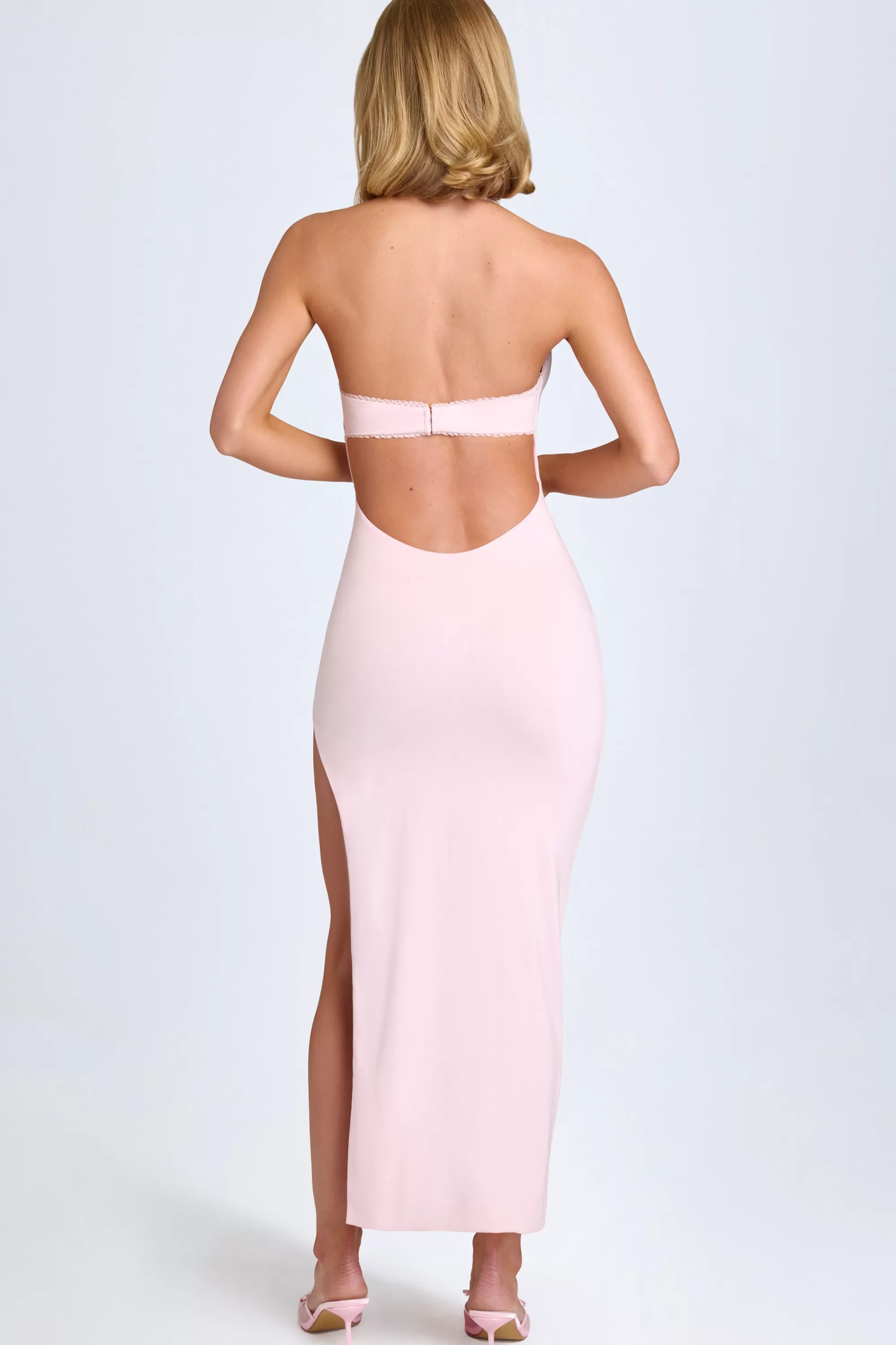 Oh Polly Modal Lace-Trim Halterneck Maxi Dress In Blush Flash Sale