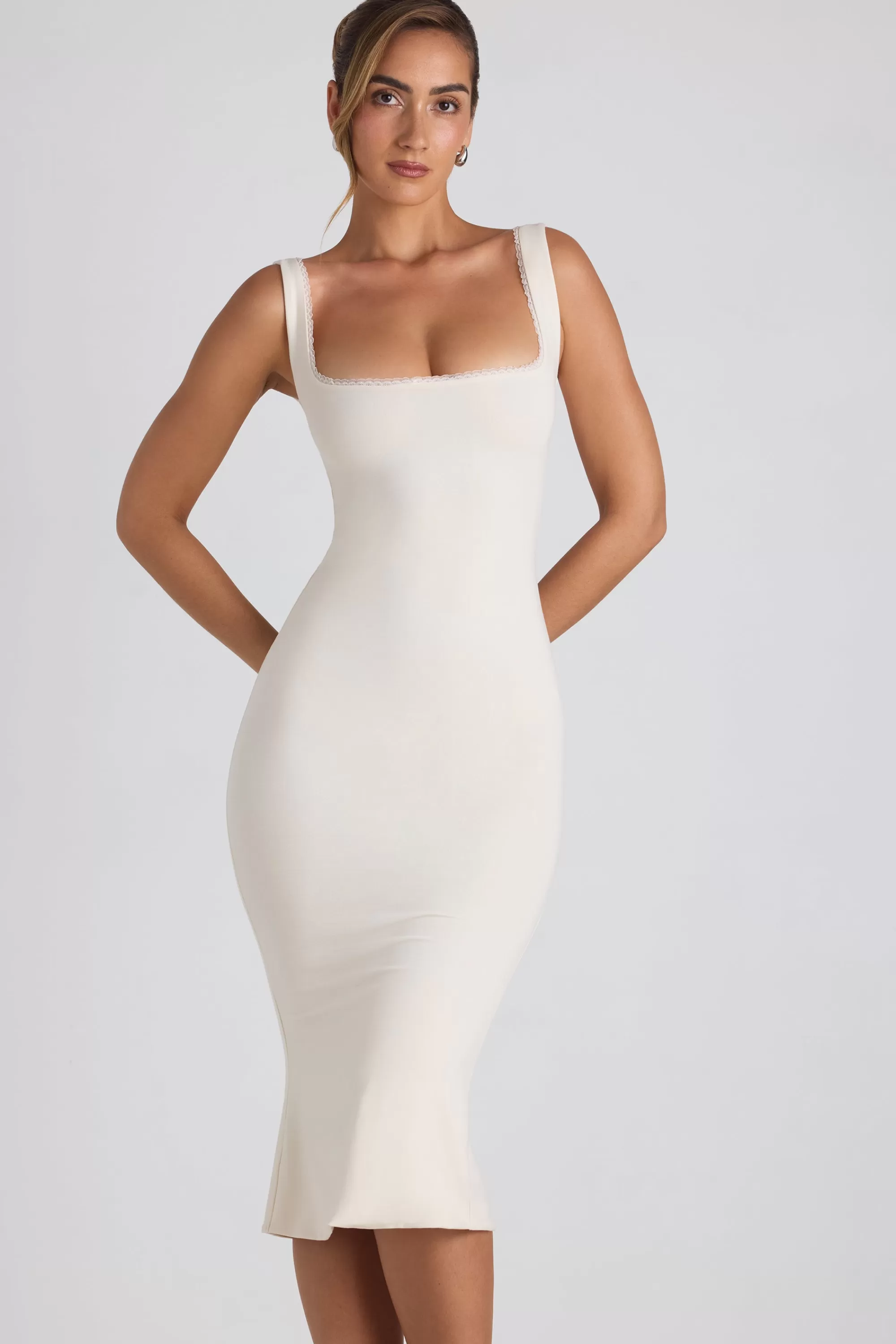 Oh Polly Modal Lace-Trim Midaxi Dress In Ivory Hot