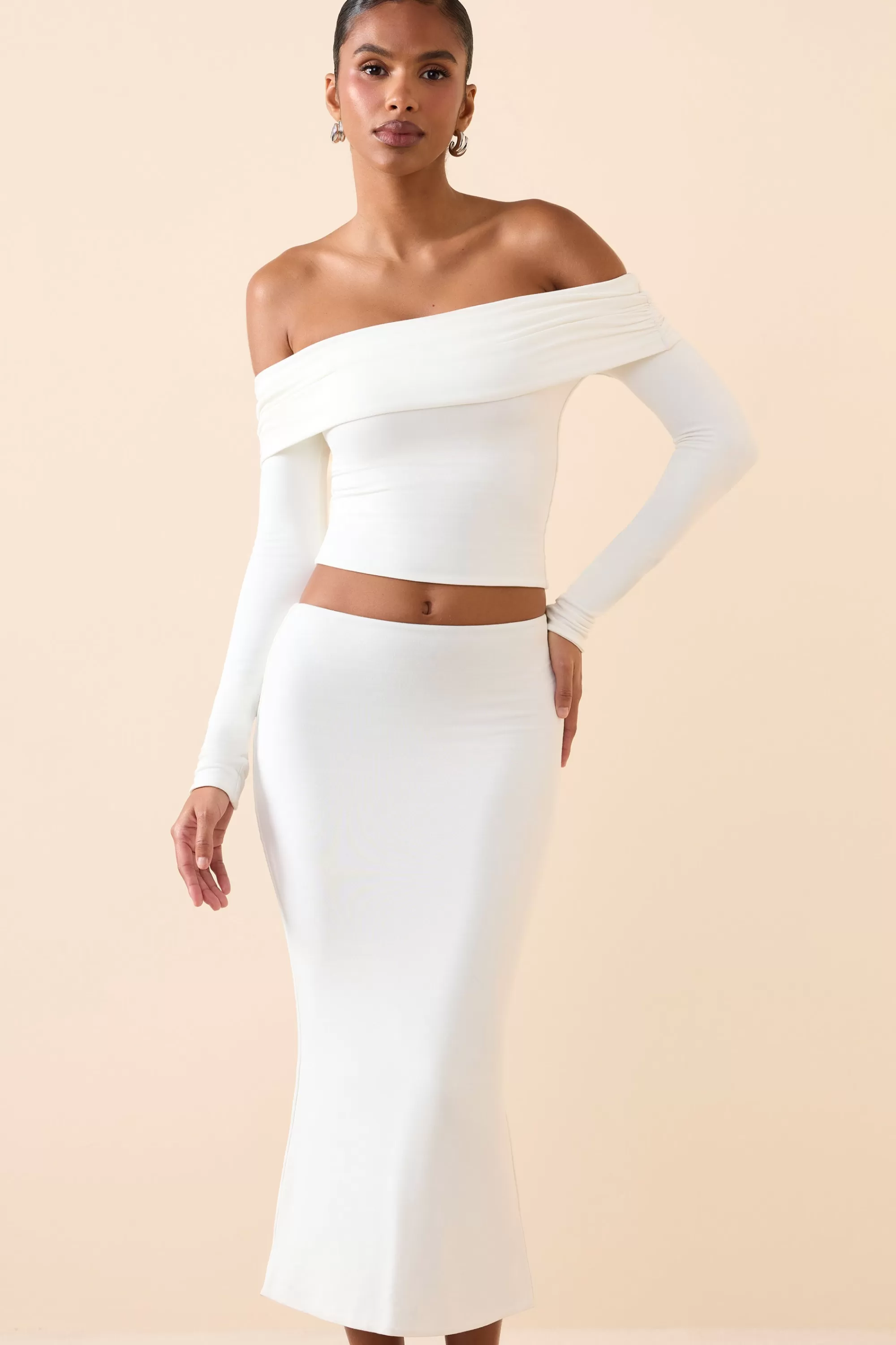 Oh Polly Modal Mid-Rise Midaxi Skirt In White Clearance