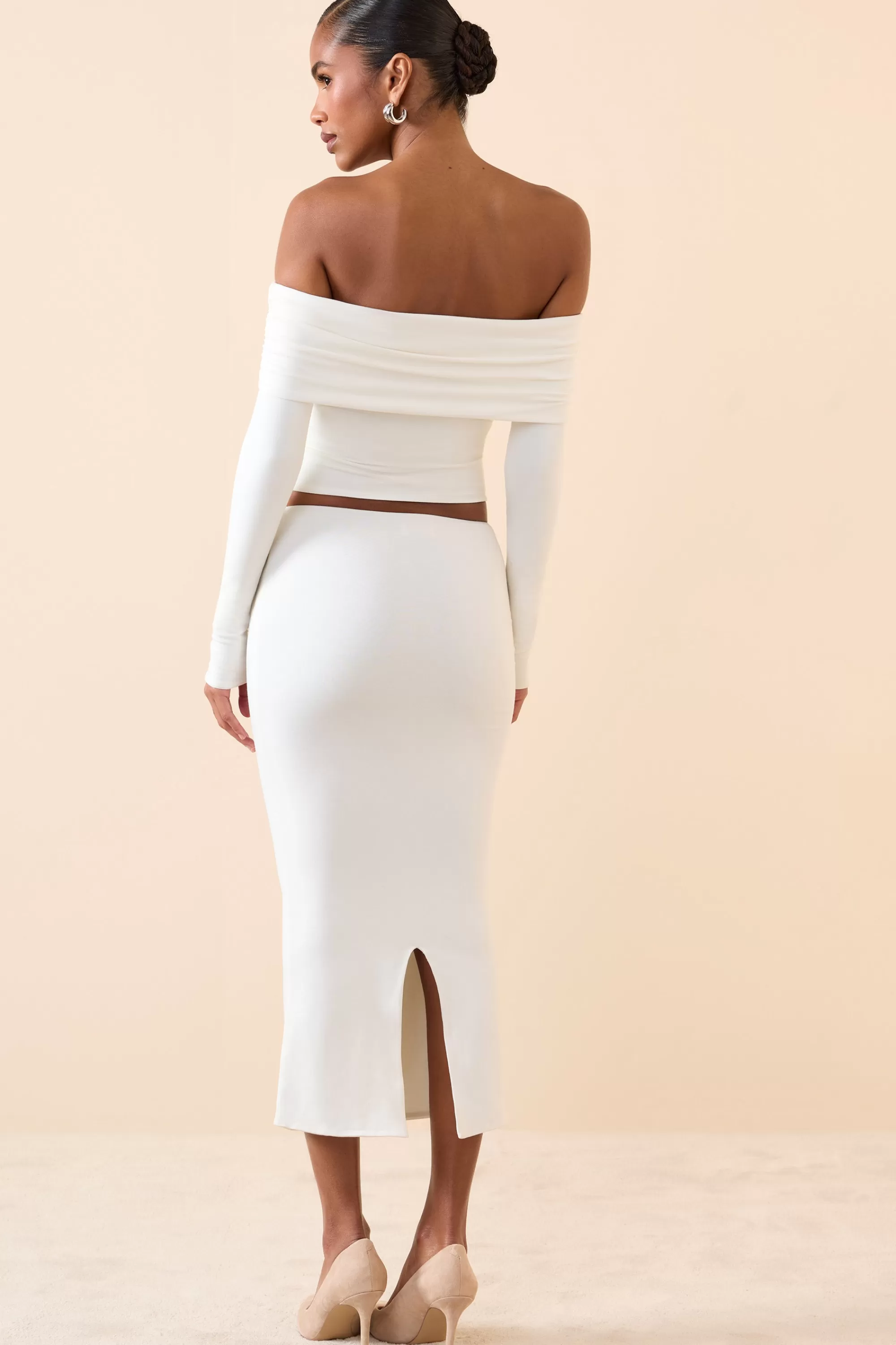 Oh Polly Modal Mid-Rise Midaxi Skirt In White Clearance