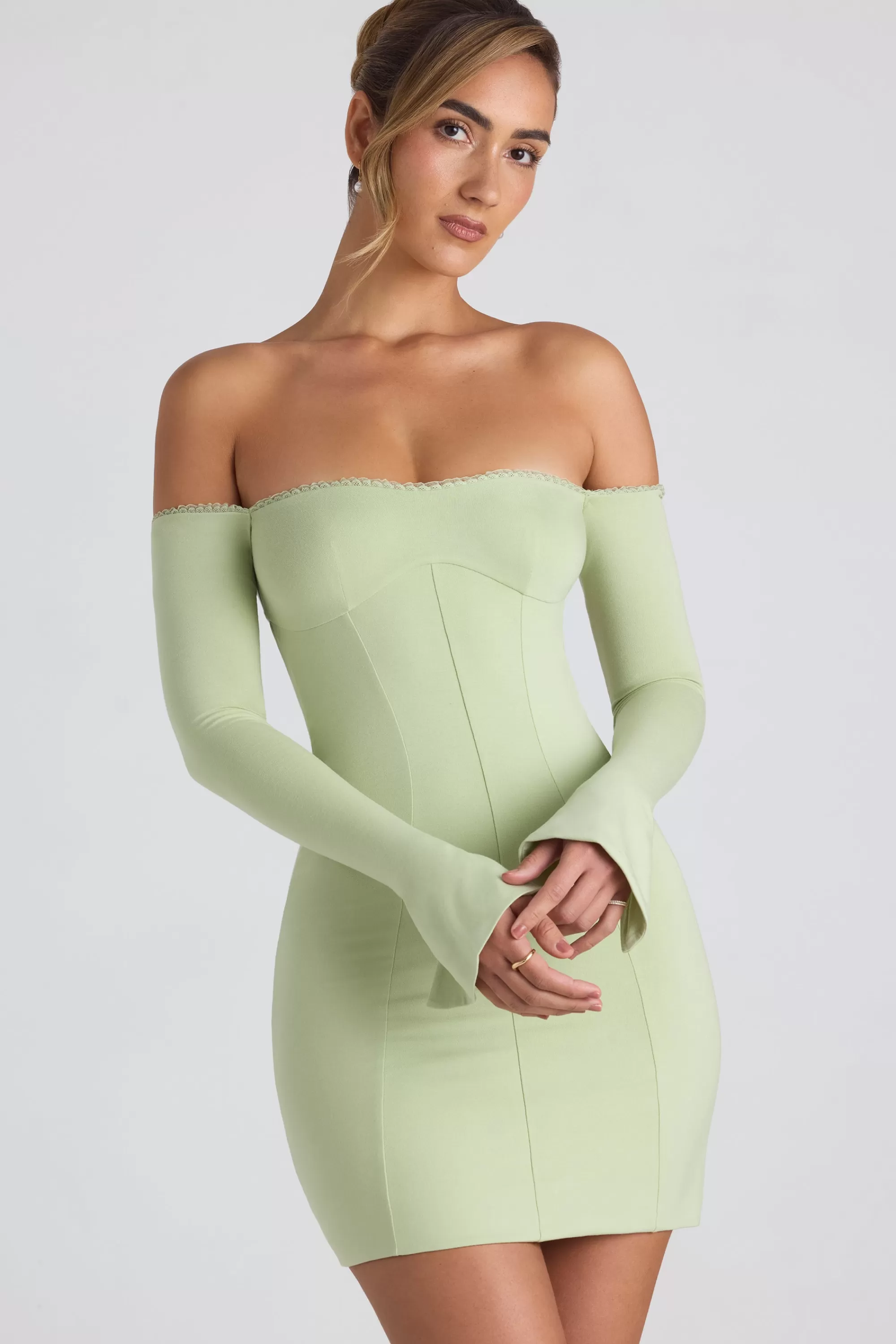 Oh Polly Modal Off-Shoulder Lace-Trim Mini Dress In Spring Green Cheap