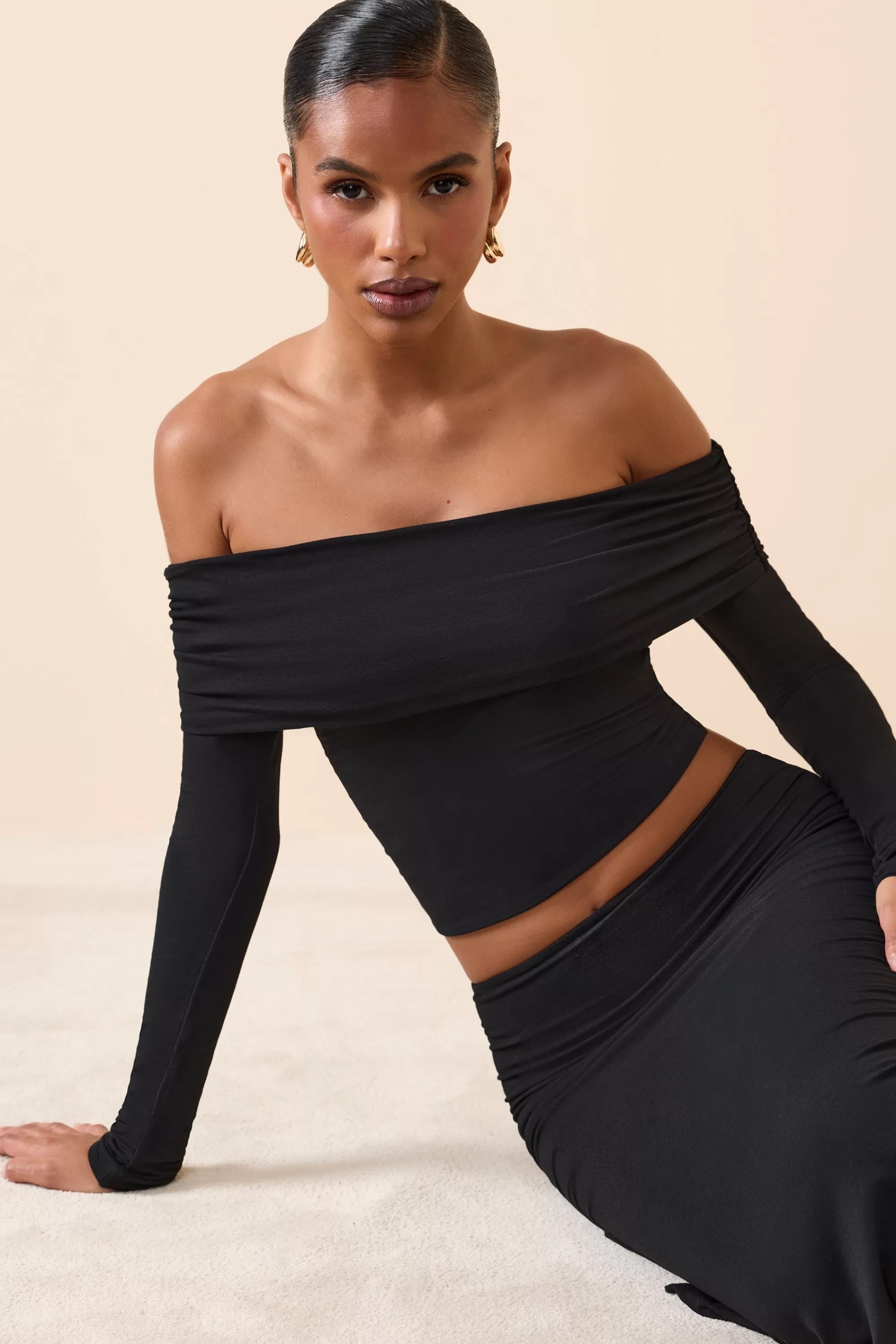 Oh Polly Modal Off-Shoulder Long-Sleeve Top In Black Store