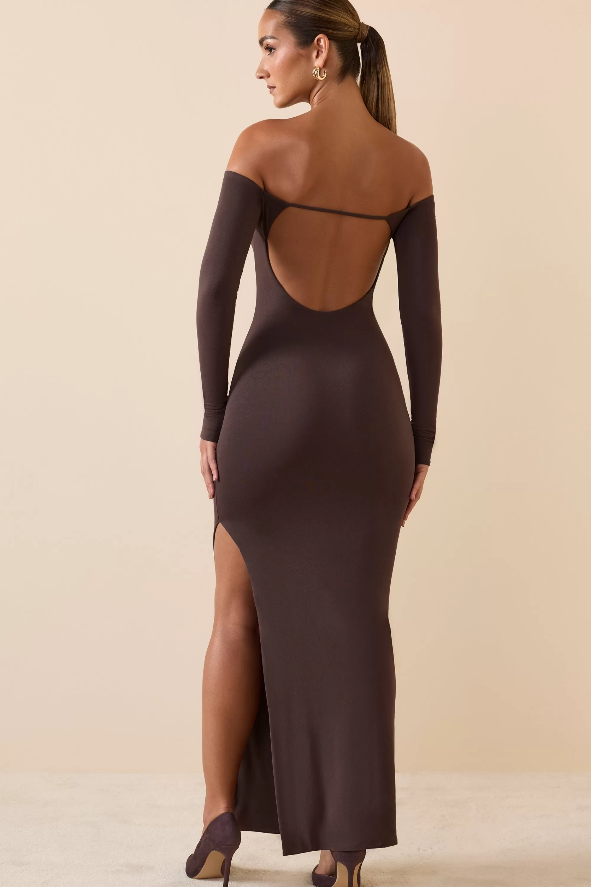 Oh Polly Modal Off-Shoulder Open-Back Maxi Dress In Chocolate Brown Chocolate Brown Fashion