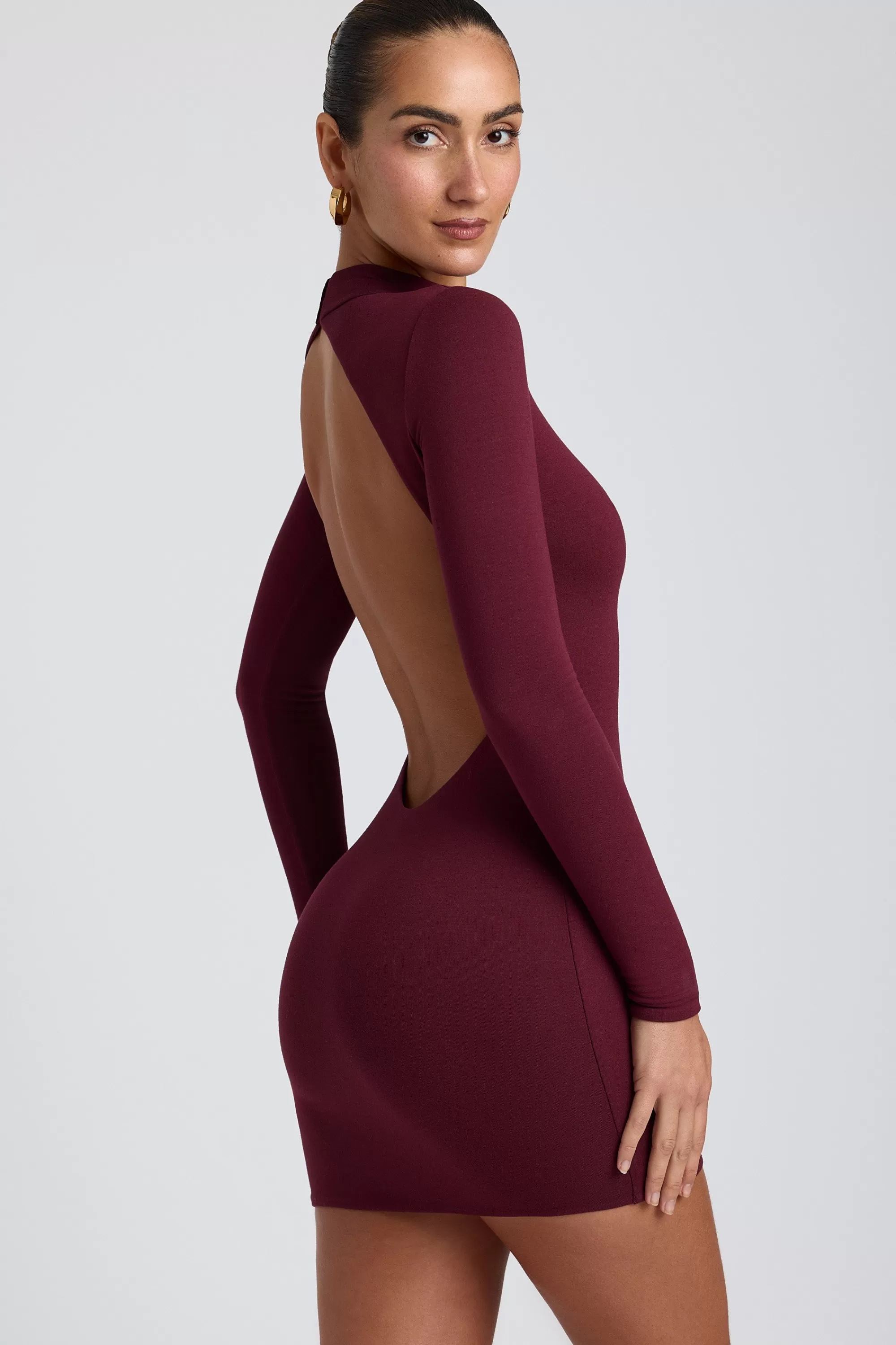 Oh Polly Modal Open-Back Long-Sleeve Mini Dress In Plum Flash Sale