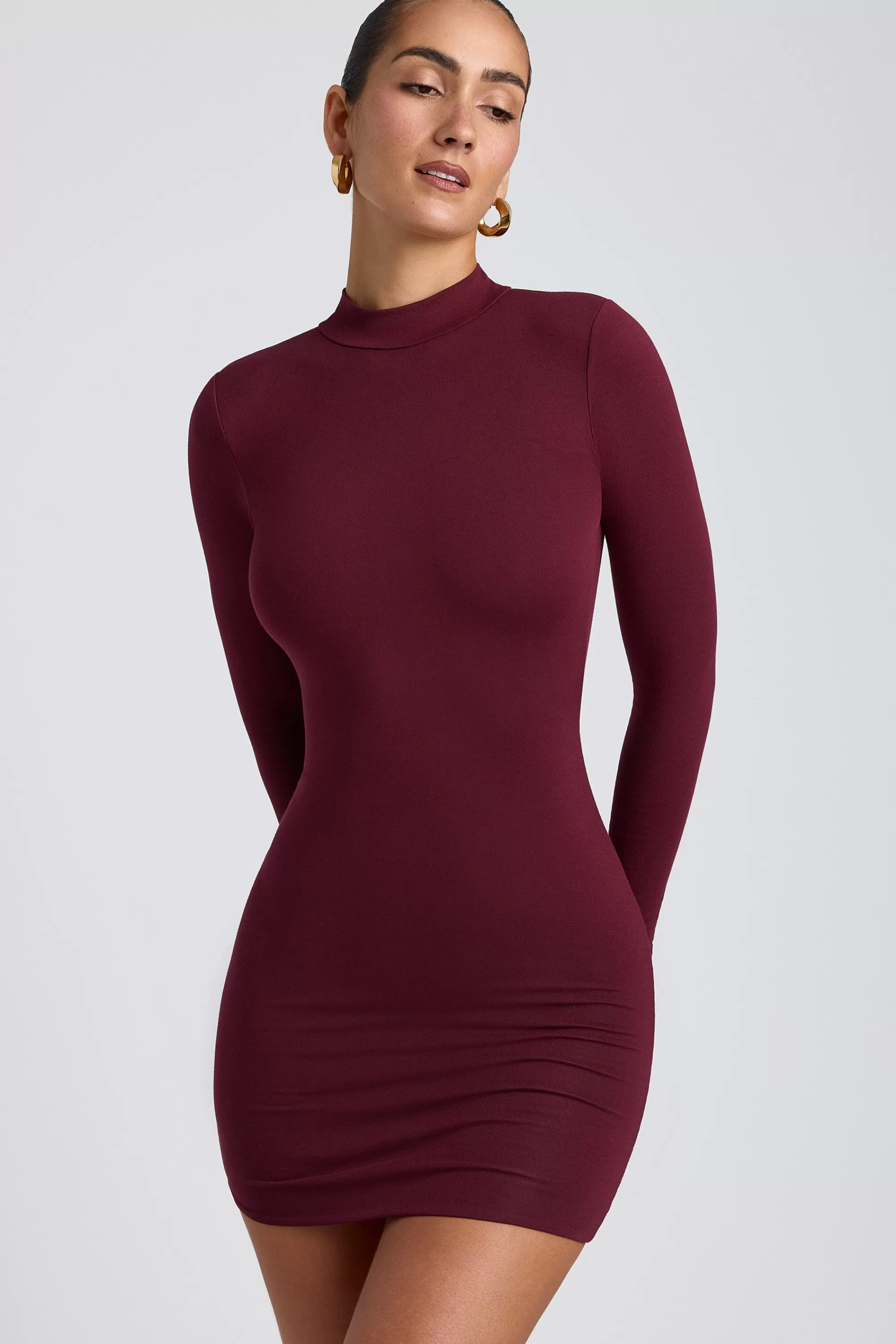 Oh Polly Modal Open-Back Long-Sleeve Mini Dress In Plum Flash Sale