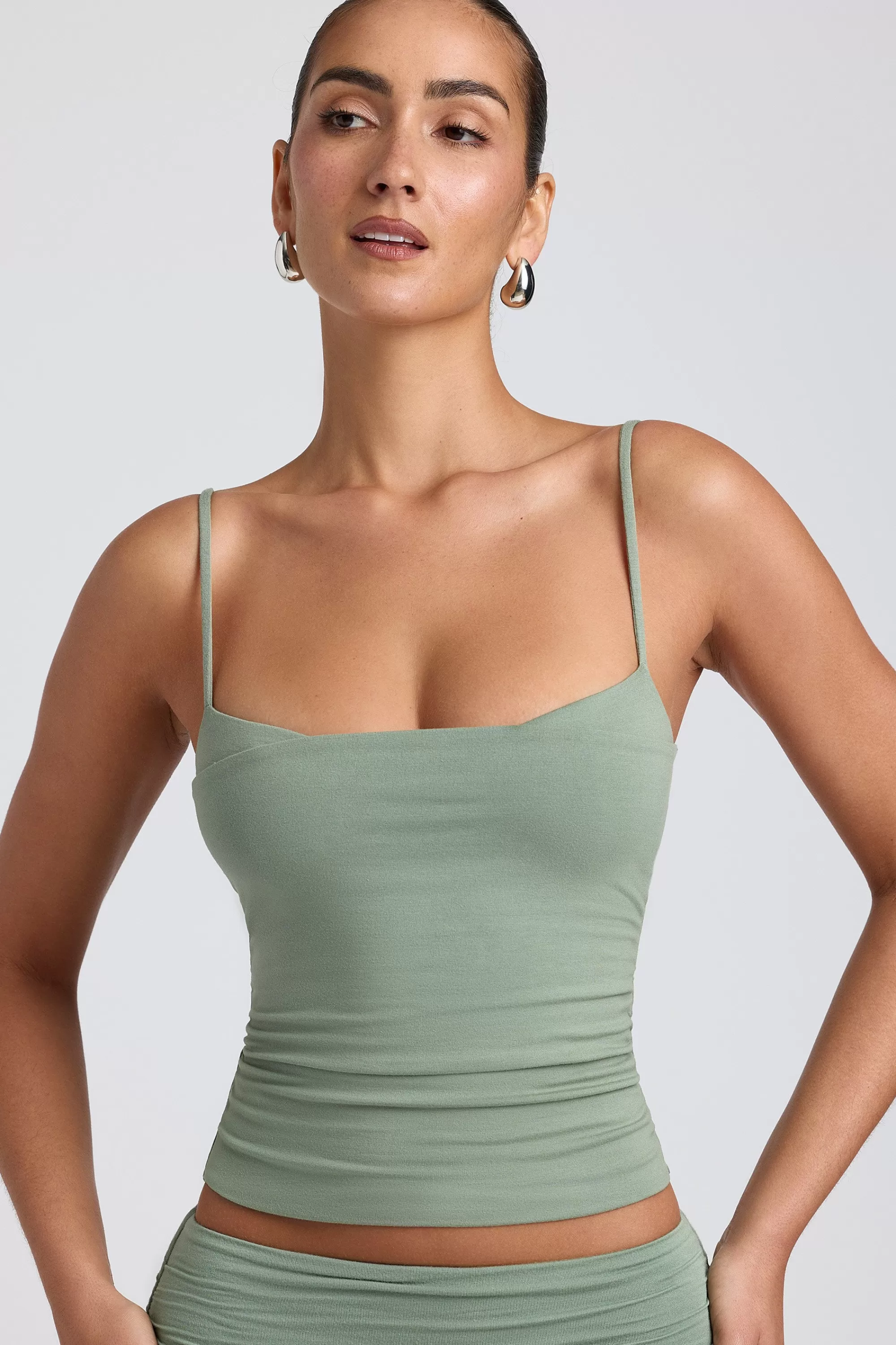 Oh Polly Modal Ruched Layered Tank Top In Sage Green Hot