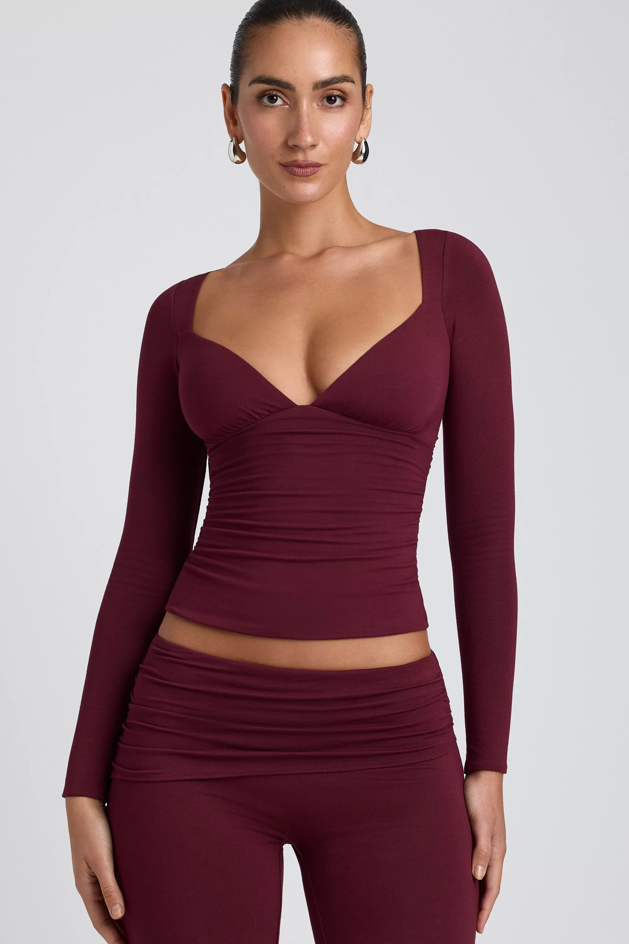 Oh Polly Modal Ruched Long-Sleeve Top In Plum New