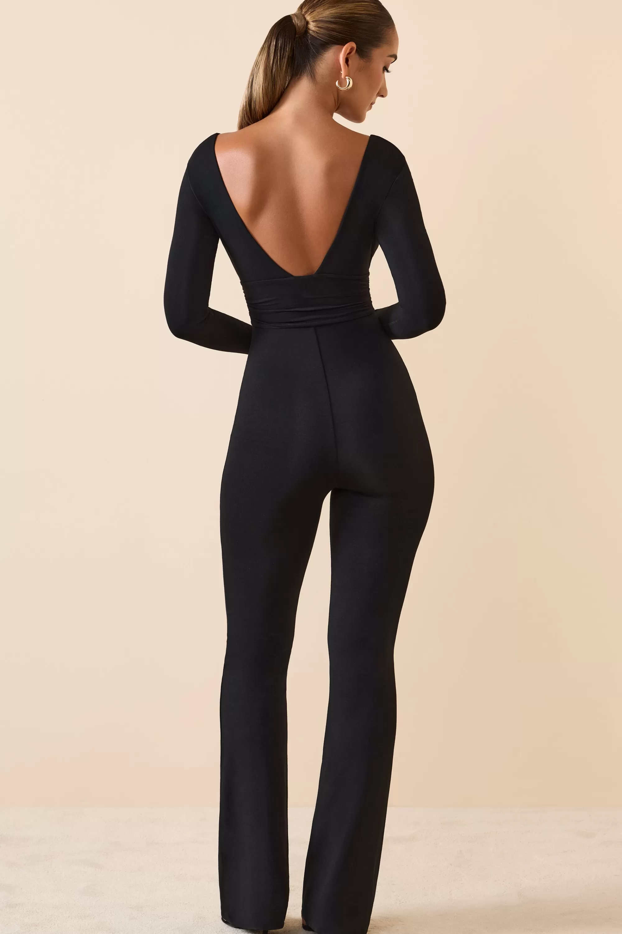 Oh Polly Modal Ruched Plunge Flared Jumpsuit In Black Shop