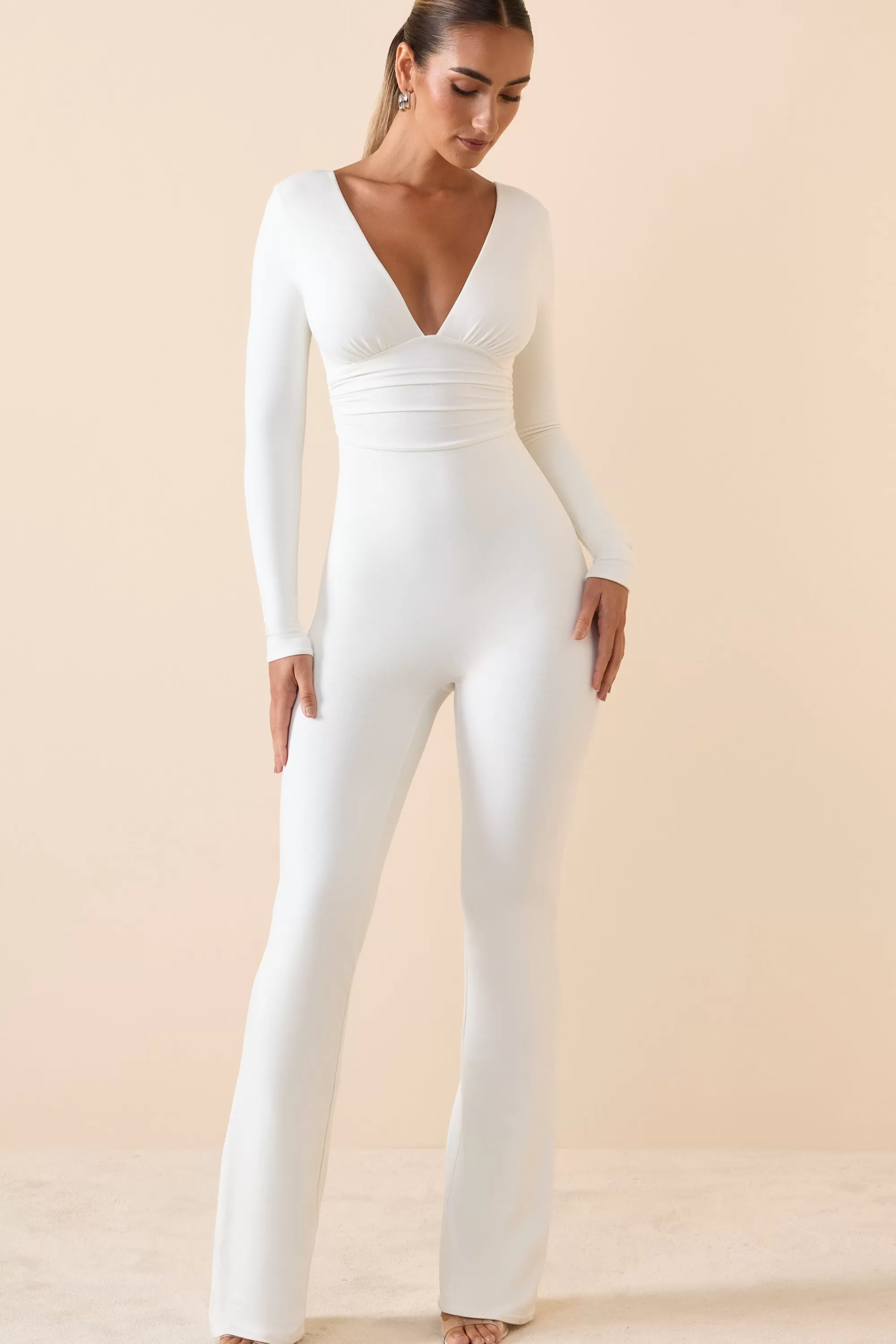 Oh Polly Modal Ruched Plunge Flared Jumpsuit In White Store