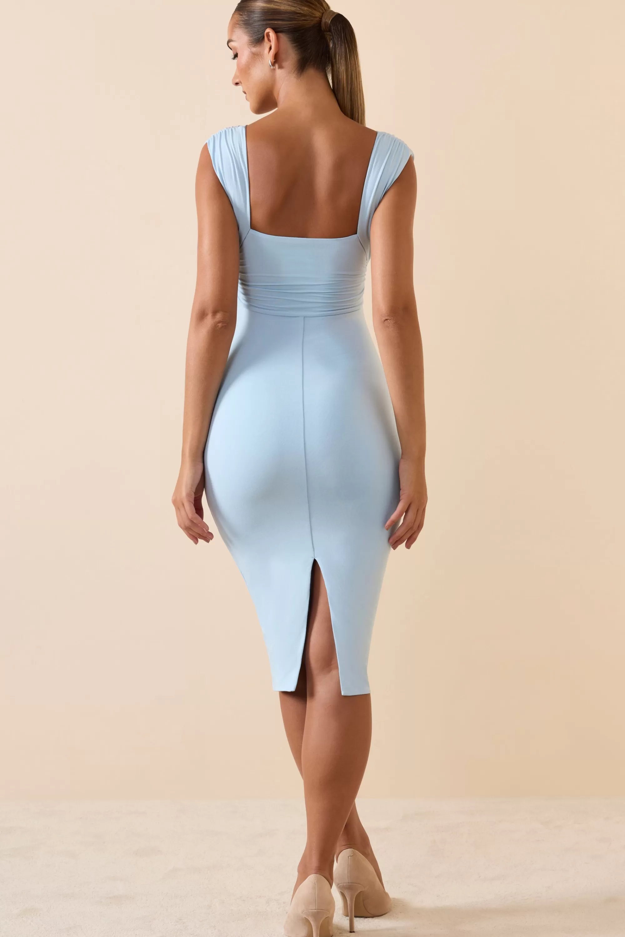 Oh Polly Modal Ruched Plunge Midi Dress In Ice Blue Cheap