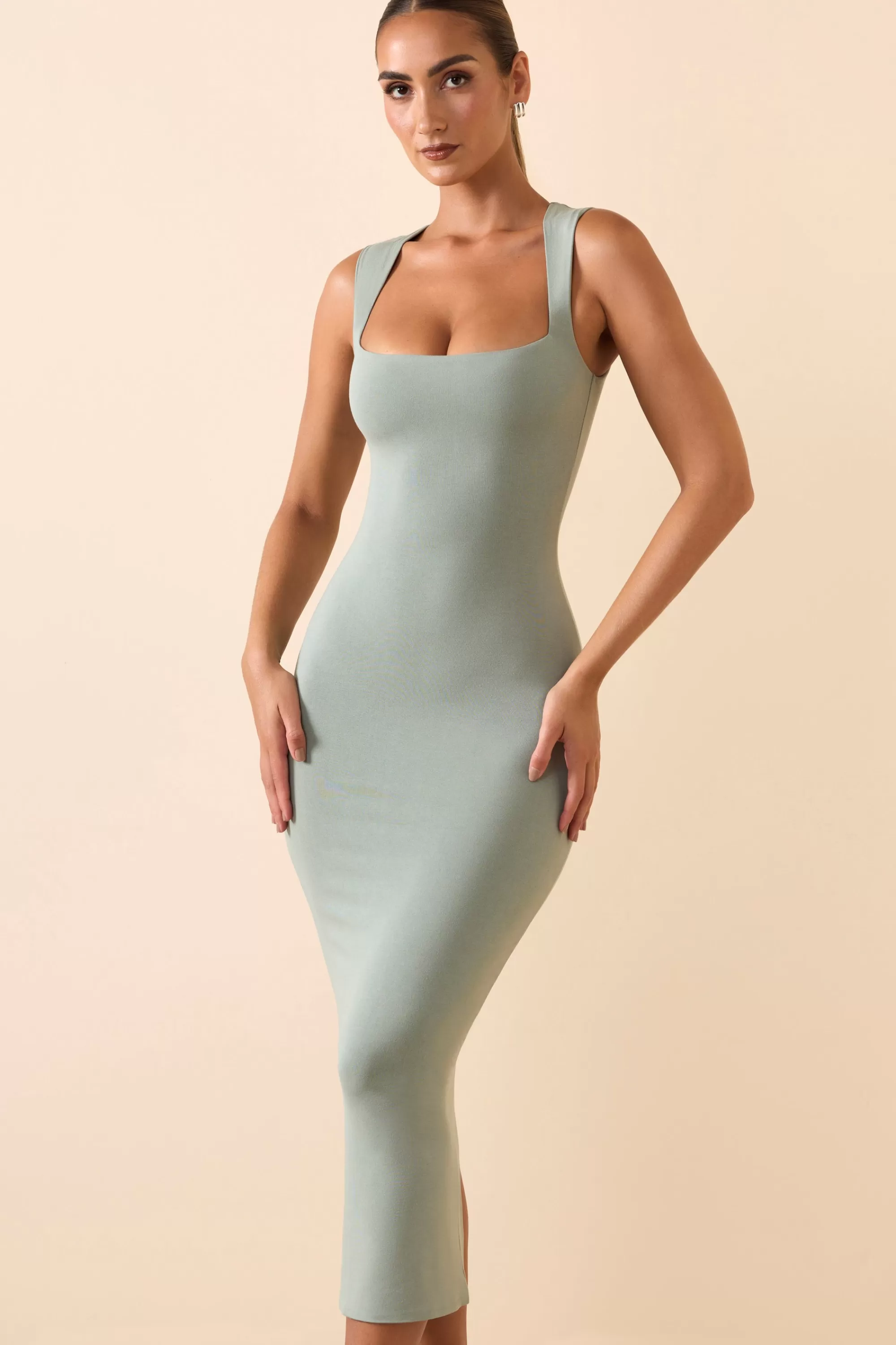 Oh Polly Modal Square-Neck Midi Dress In Smoke Green Outlet