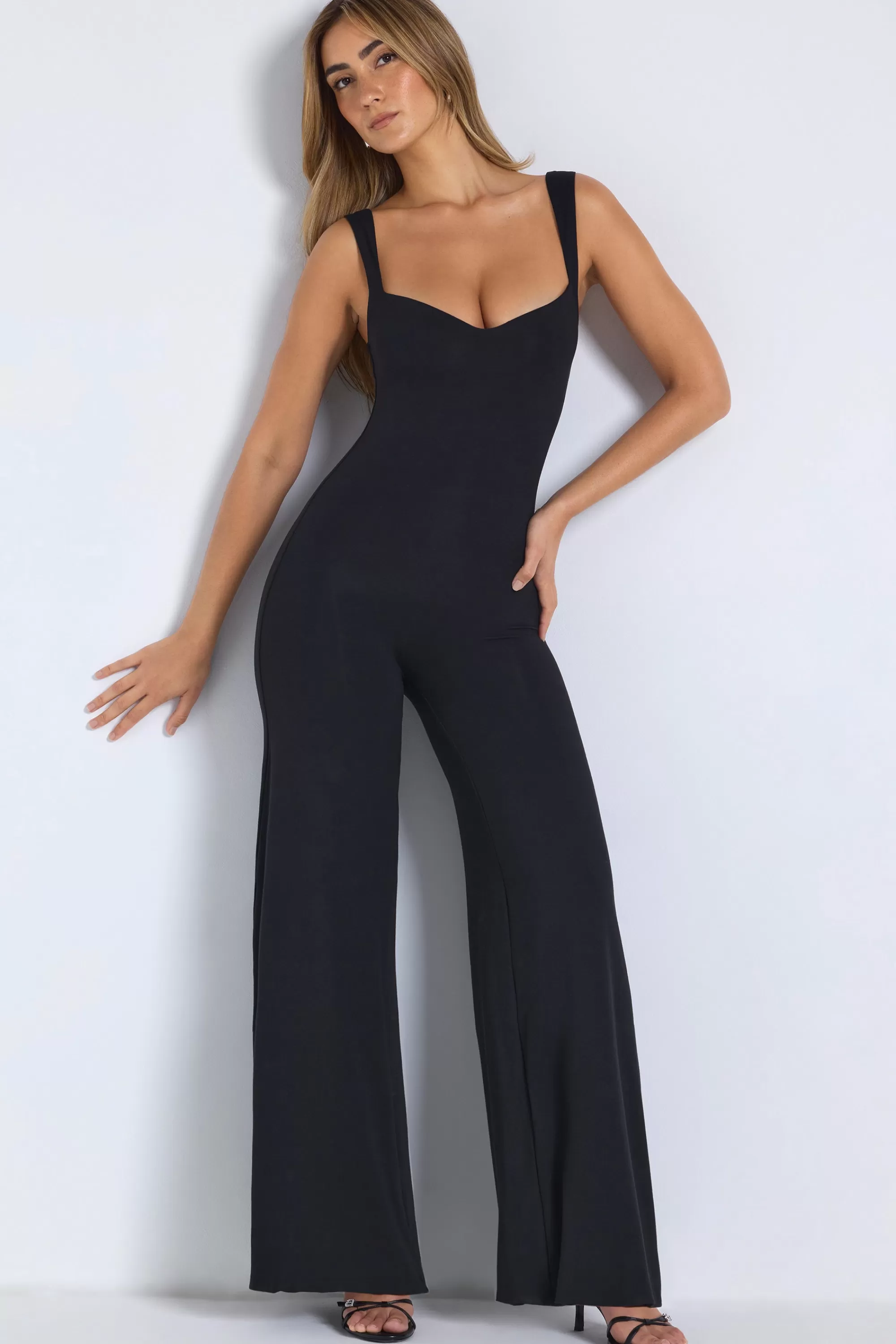 Oh Polly Modal Sweetheart Neckline Wide Leg Jumpsuit In Black Flash Sale