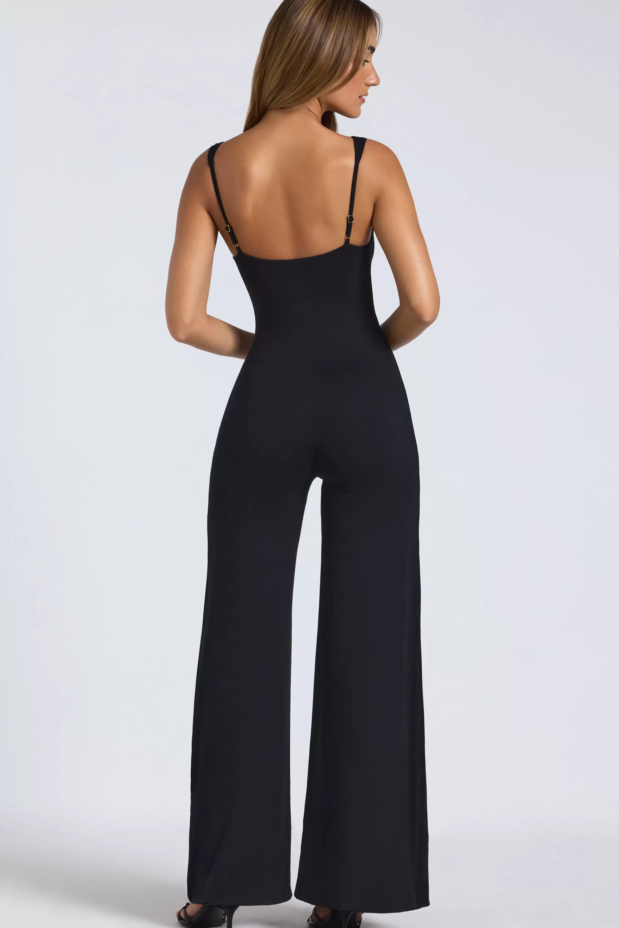 Oh Polly Modal Sweetheart Neckline Wide Leg Jumpsuit In Black Flash Sale