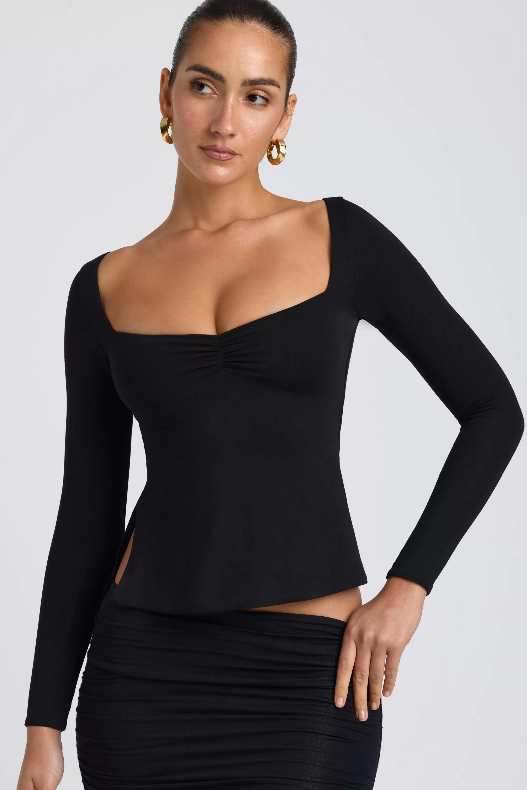 Oh Polly Modal Sweetheart-Neck Top In Black Outlet