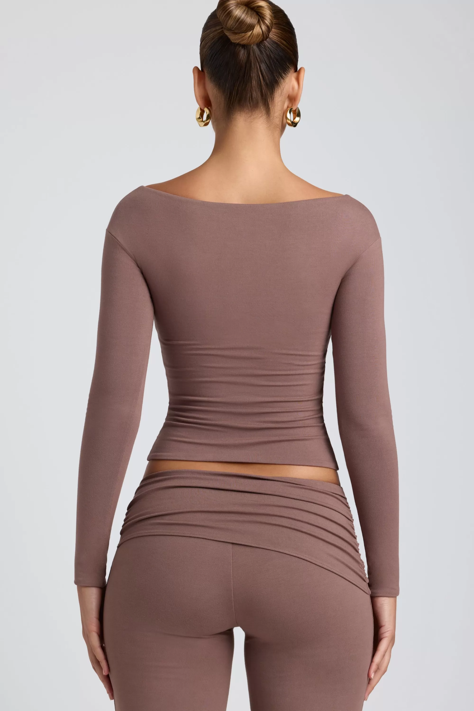 Oh Polly Modal Twist-Front Long-Sleeve Crop Top In Taupe New