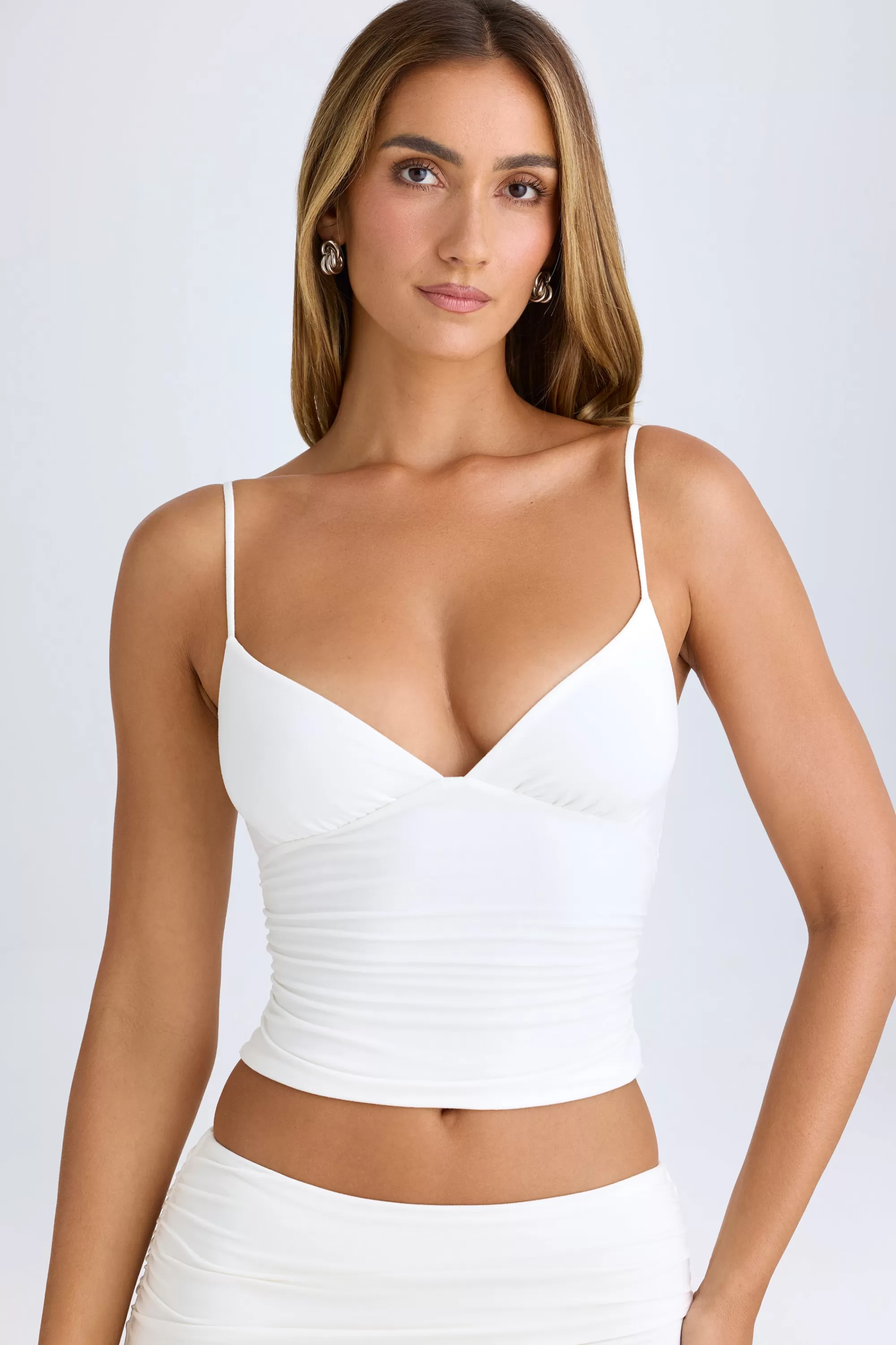 Oh Polly Modal V-Neck Ruched Camisole Top In White Online