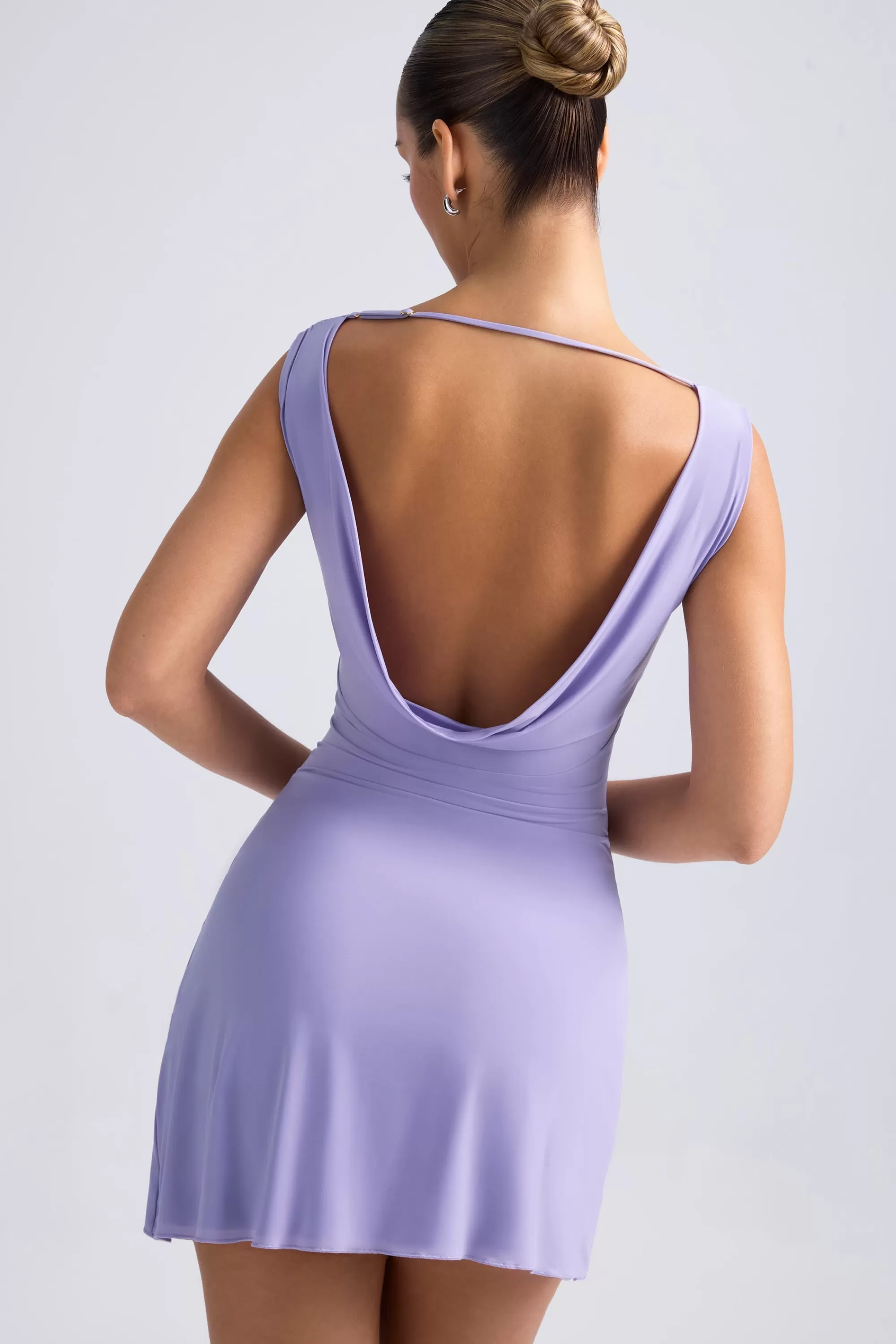 Oh Polly Off-Shoulder Cowl-Back A-Line Mini Dress In Dusty Lilac Flash Sale