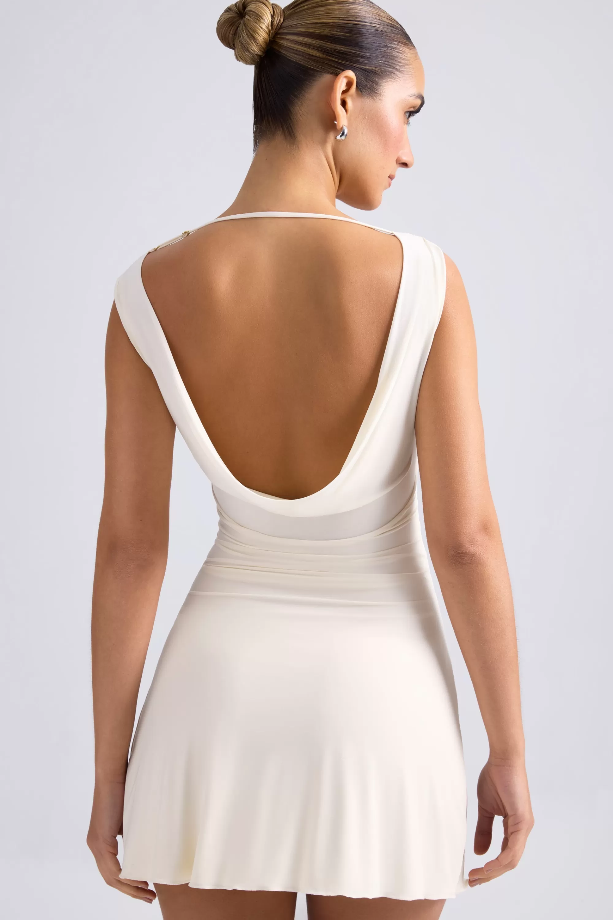 Oh Polly Off-Shoulder Cowl-Back A-Line Mini Dress In Ivory Fashion