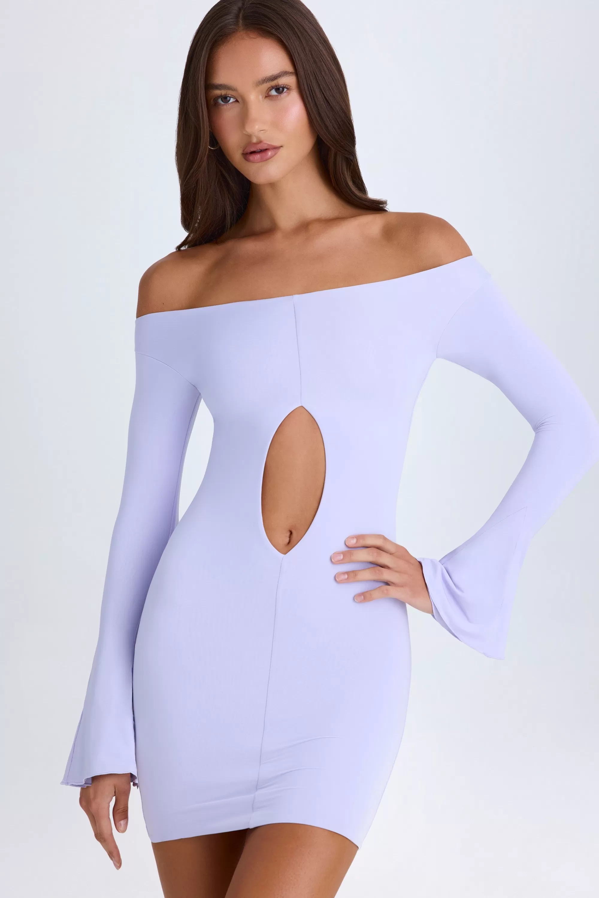 Oh Polly Off-Shoulder Cut-Out Mini Dress In Soft Lilac Hot