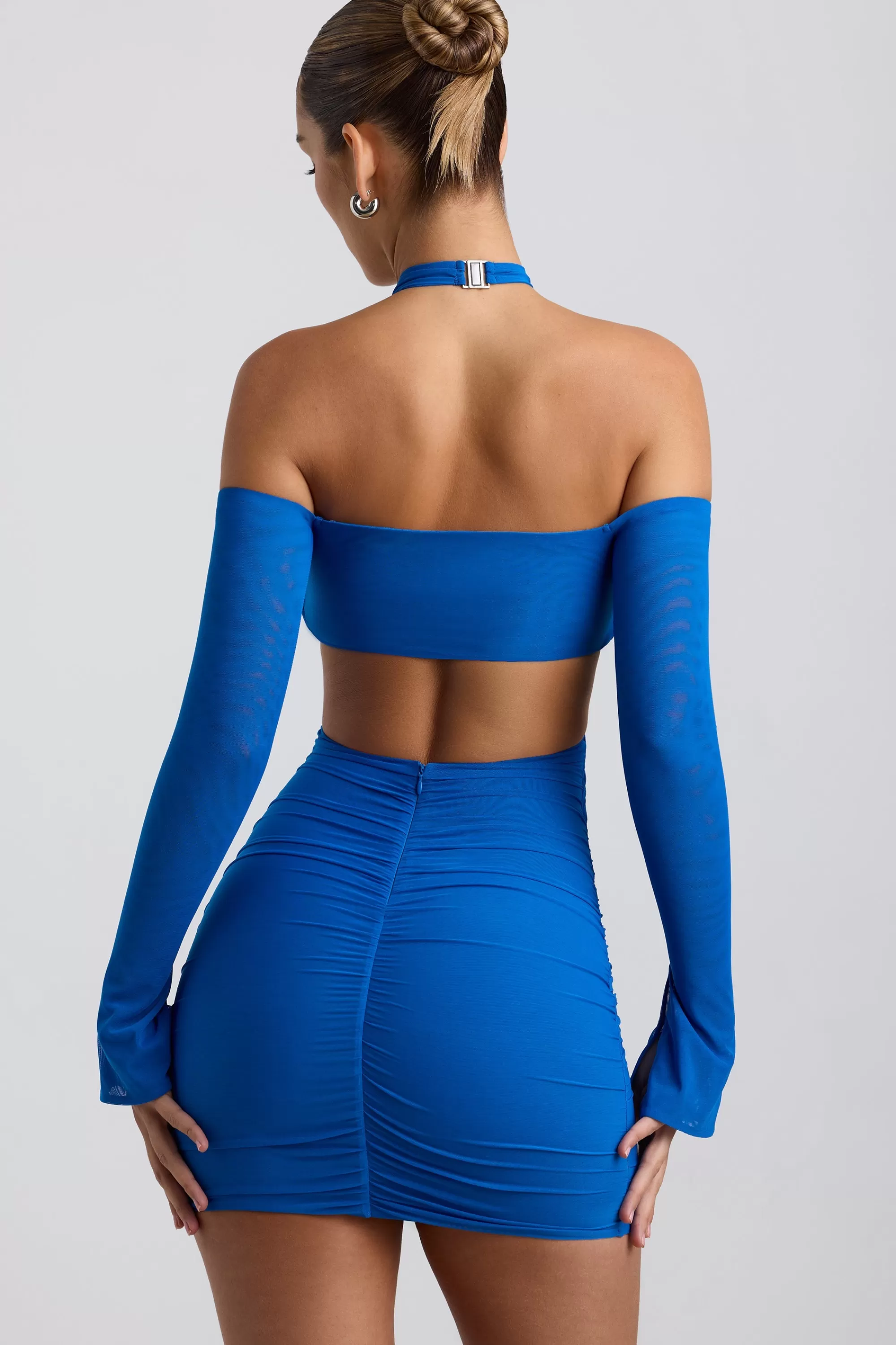 Oh Polly Off-Shoulder Ruched Cut-Out Mini Dress In Cobalt Blue Shop