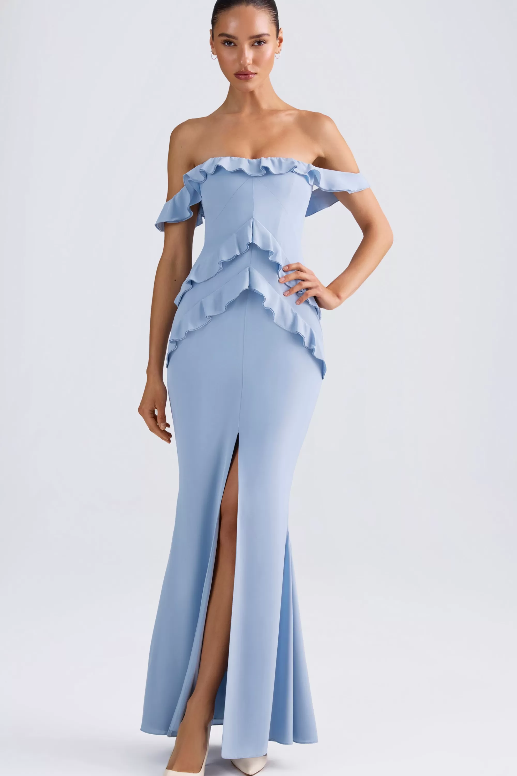 Oh Polly Off-Shoulder Ruffle-Trim Gown In Light Blue Sale