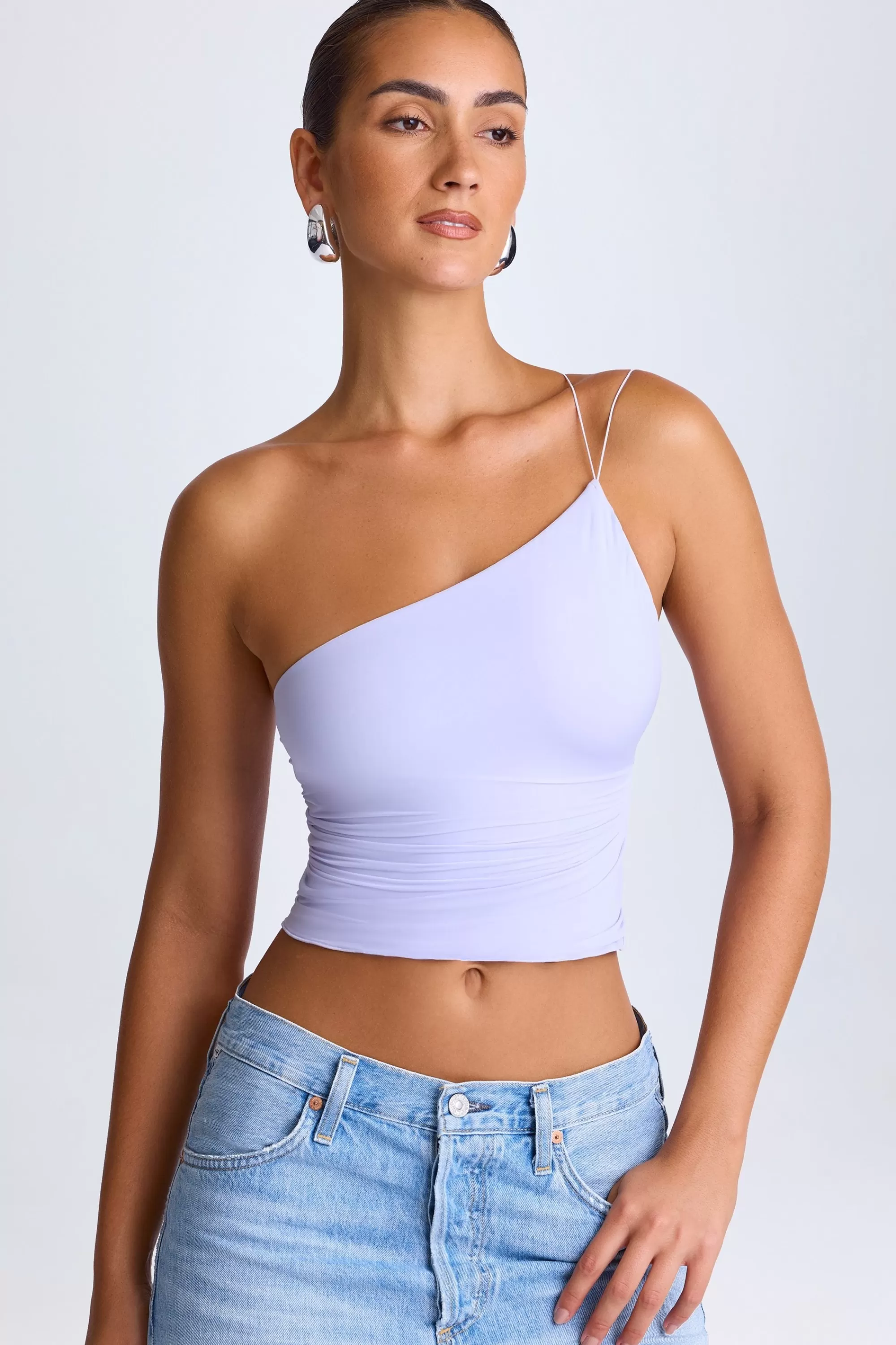 Oh Polly One-Shoulder Lace-Up Top In Soft Lilac Sale