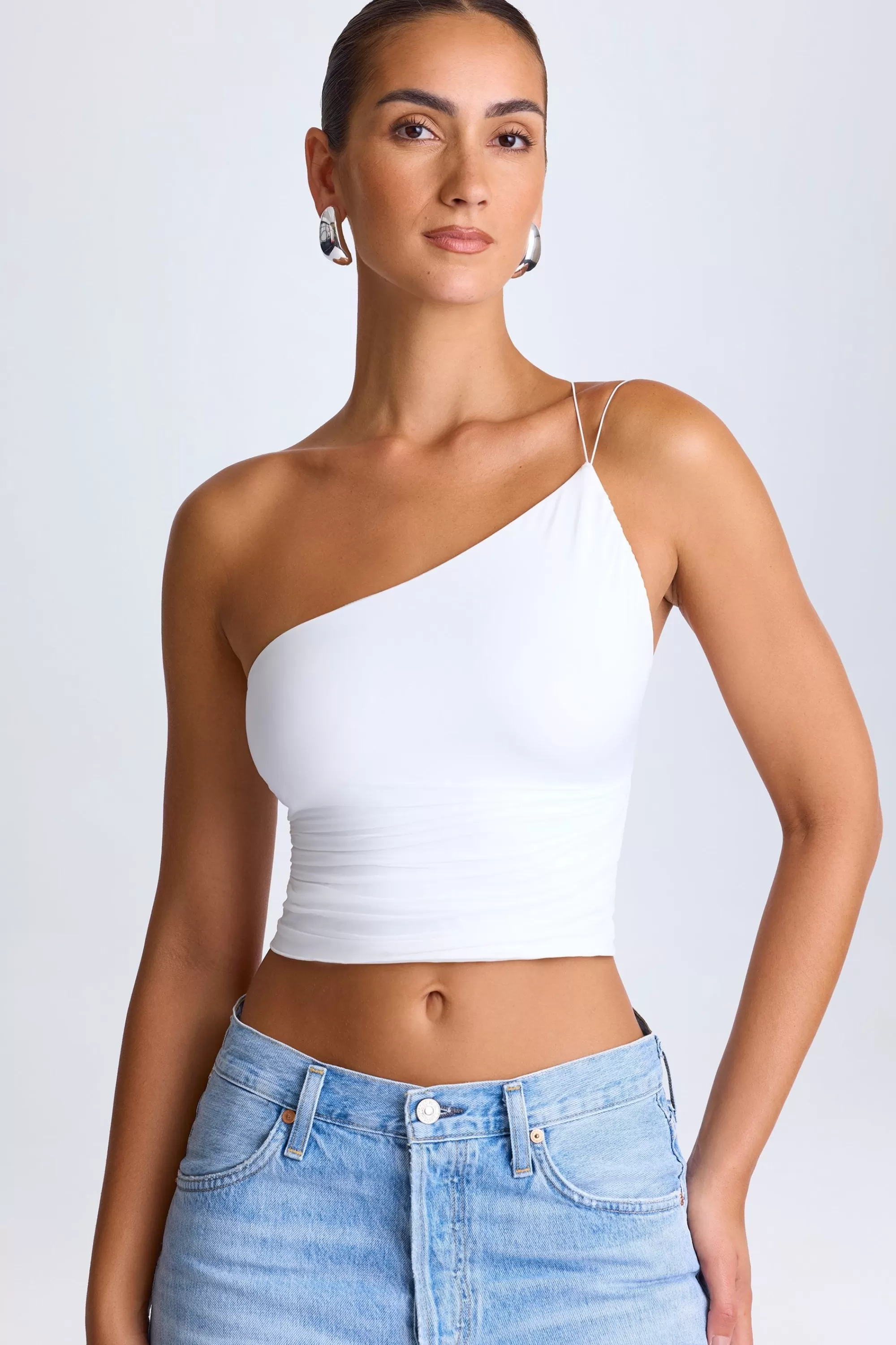 Oh Polly One-Shoulder Lace-Up Top In White Cheap