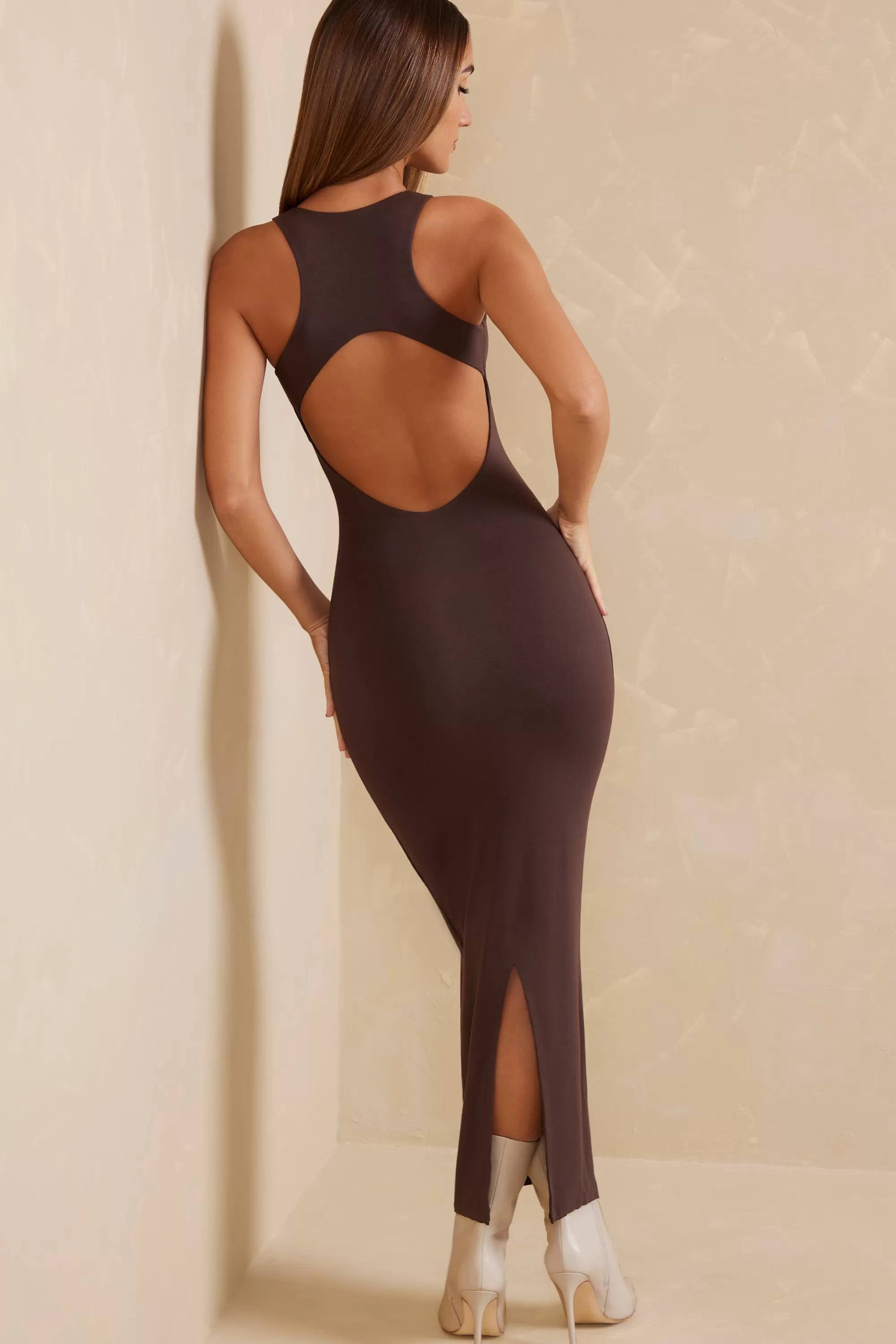 Oh Polly Open Back Racer Neck Maxi Dress In Chocolate New