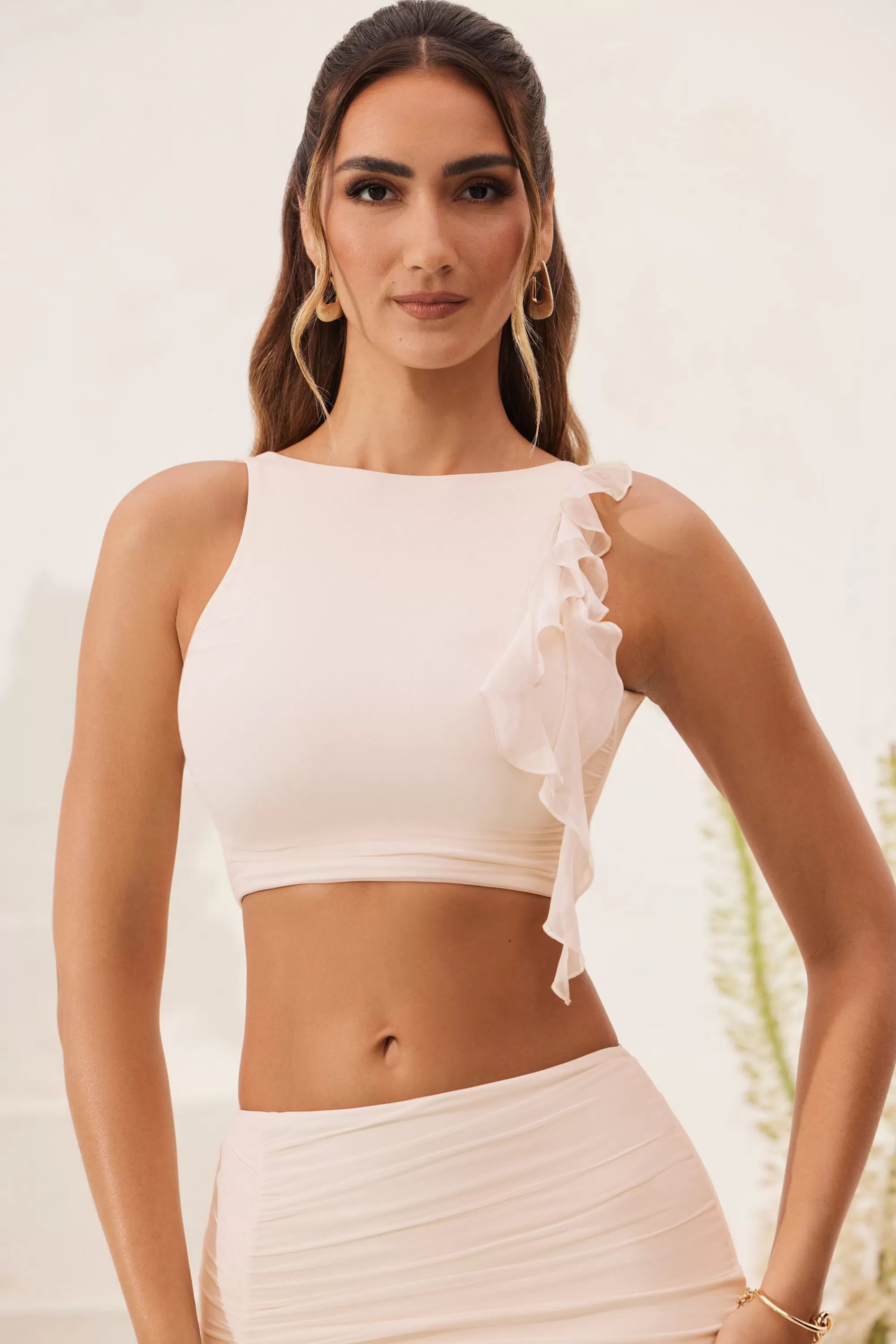 Oh Polly Open Back Ruched Ruffle Crop Top In Ivory Shop