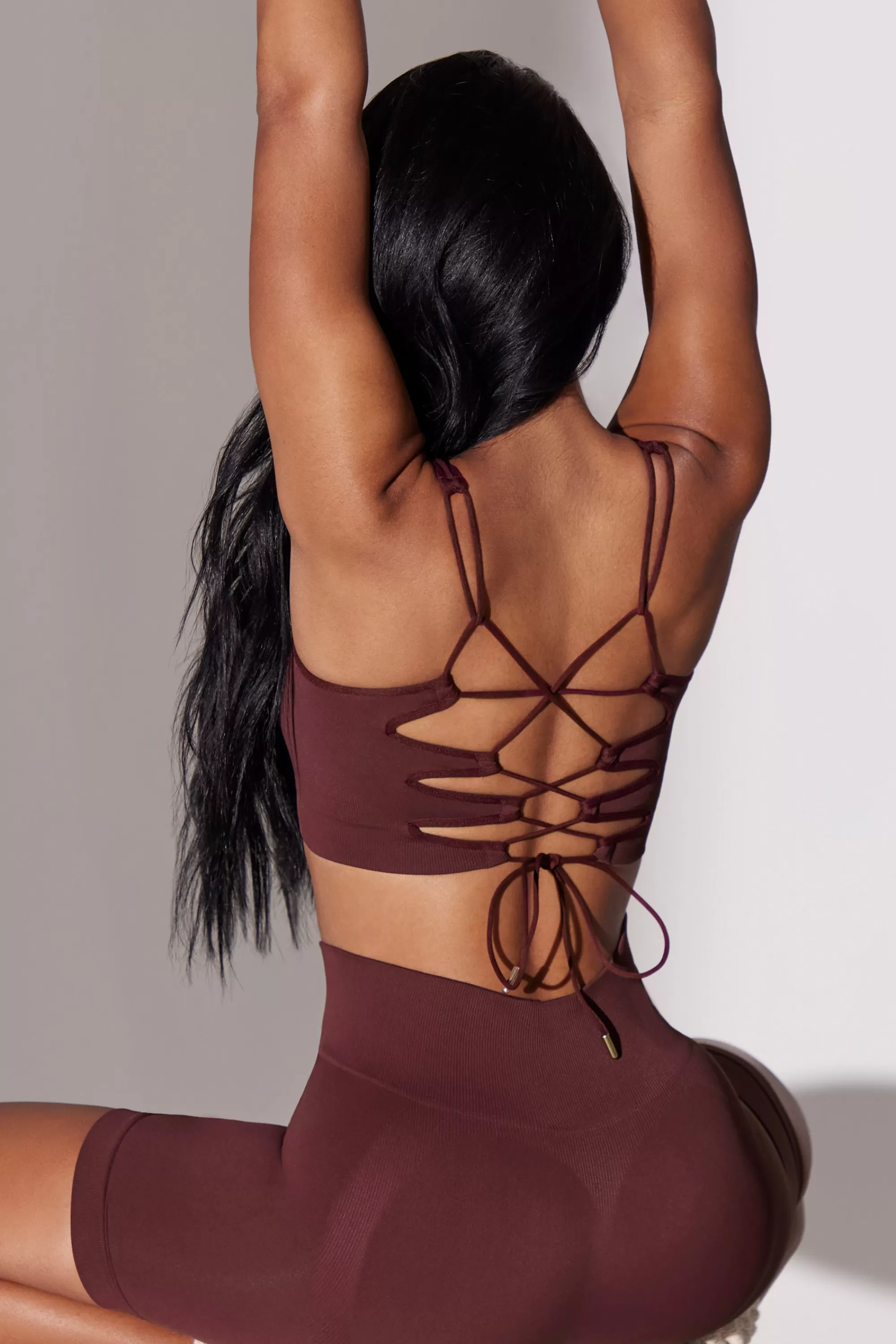 Oh Polly Open Back Square Neck Sports Bra In Burgundy Discount