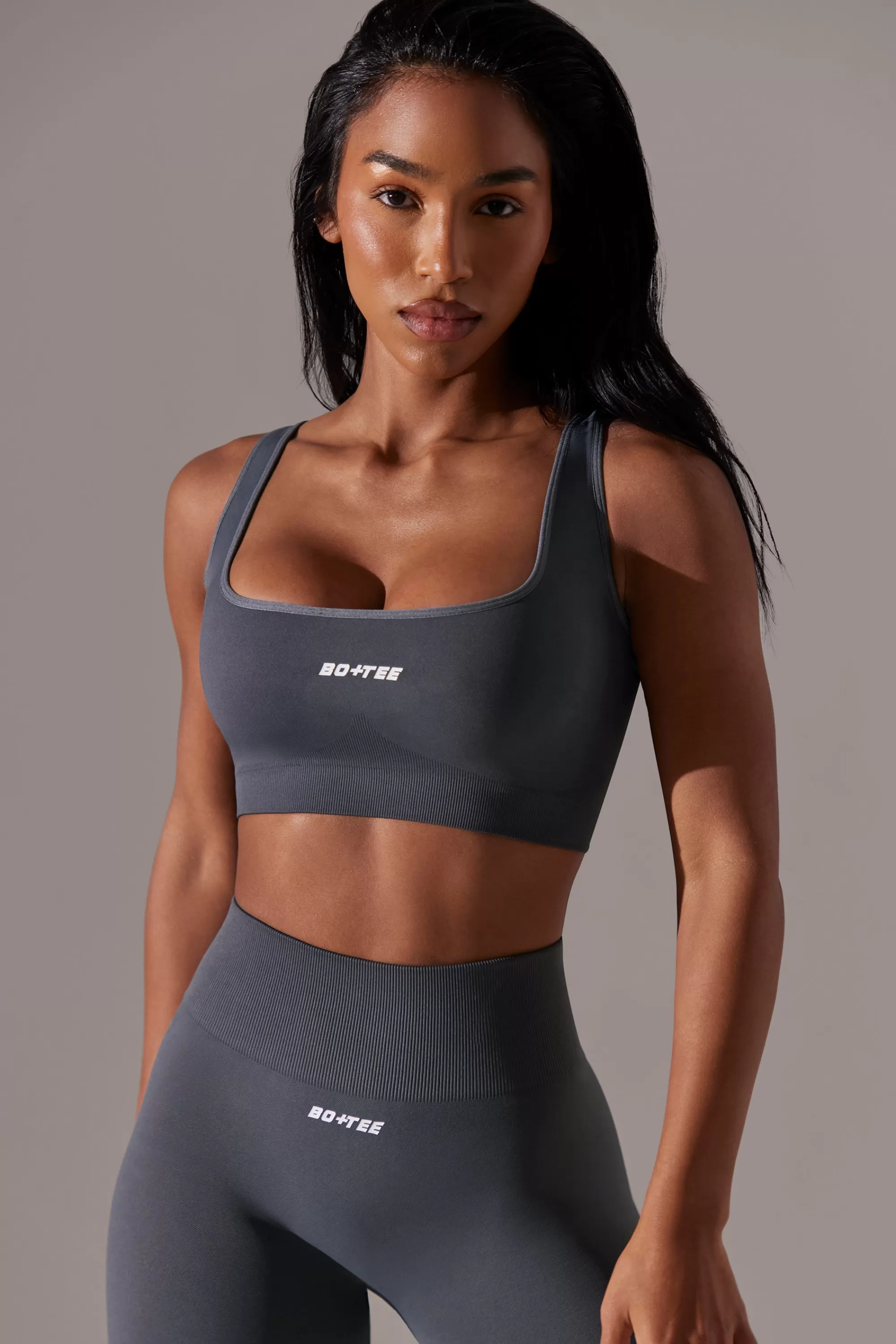 Oh Polly Open Back Square Neck Sports Bra In Grey Cheap