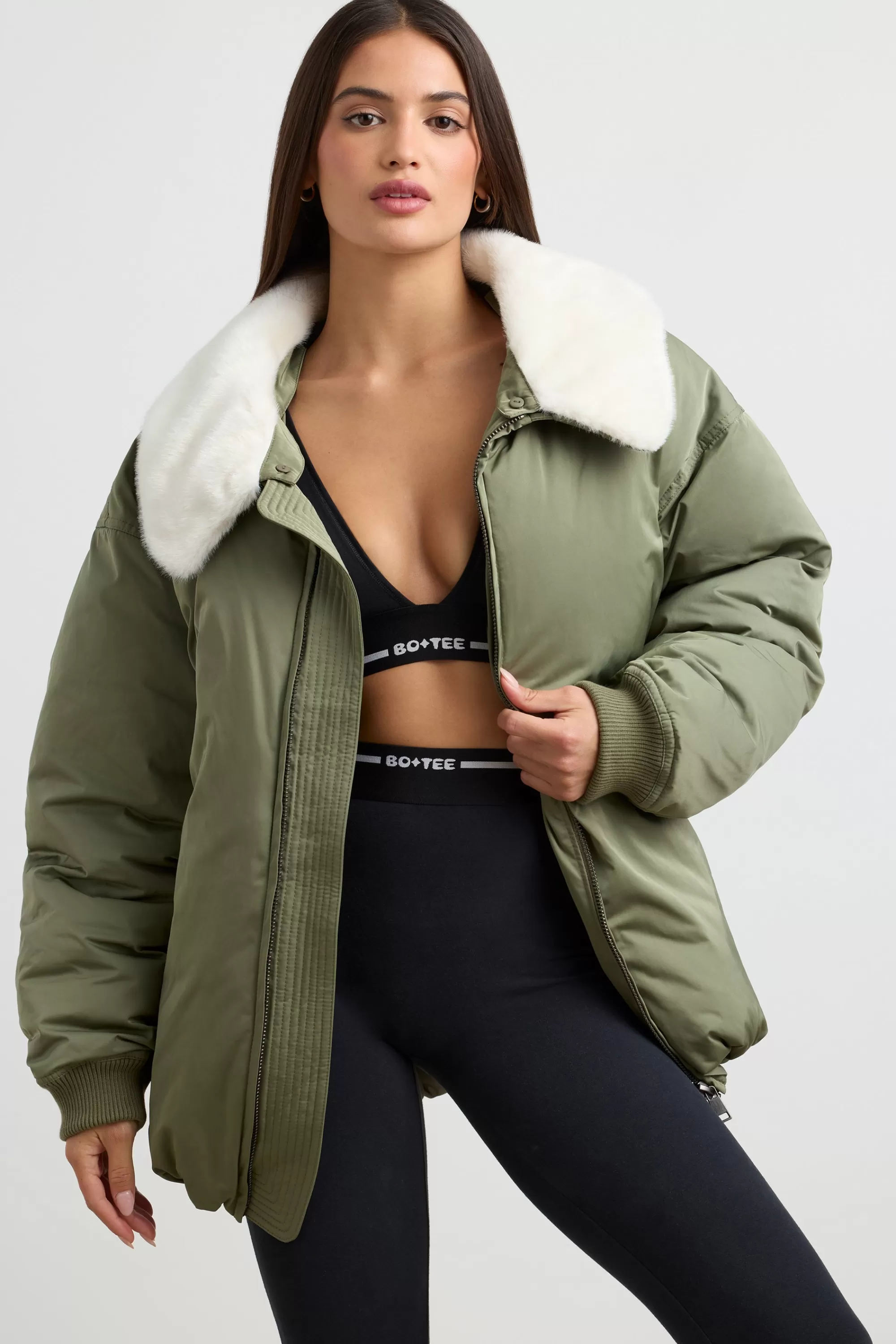 Oh Polly Oversized Bomber Jacket In Deep Olive Best