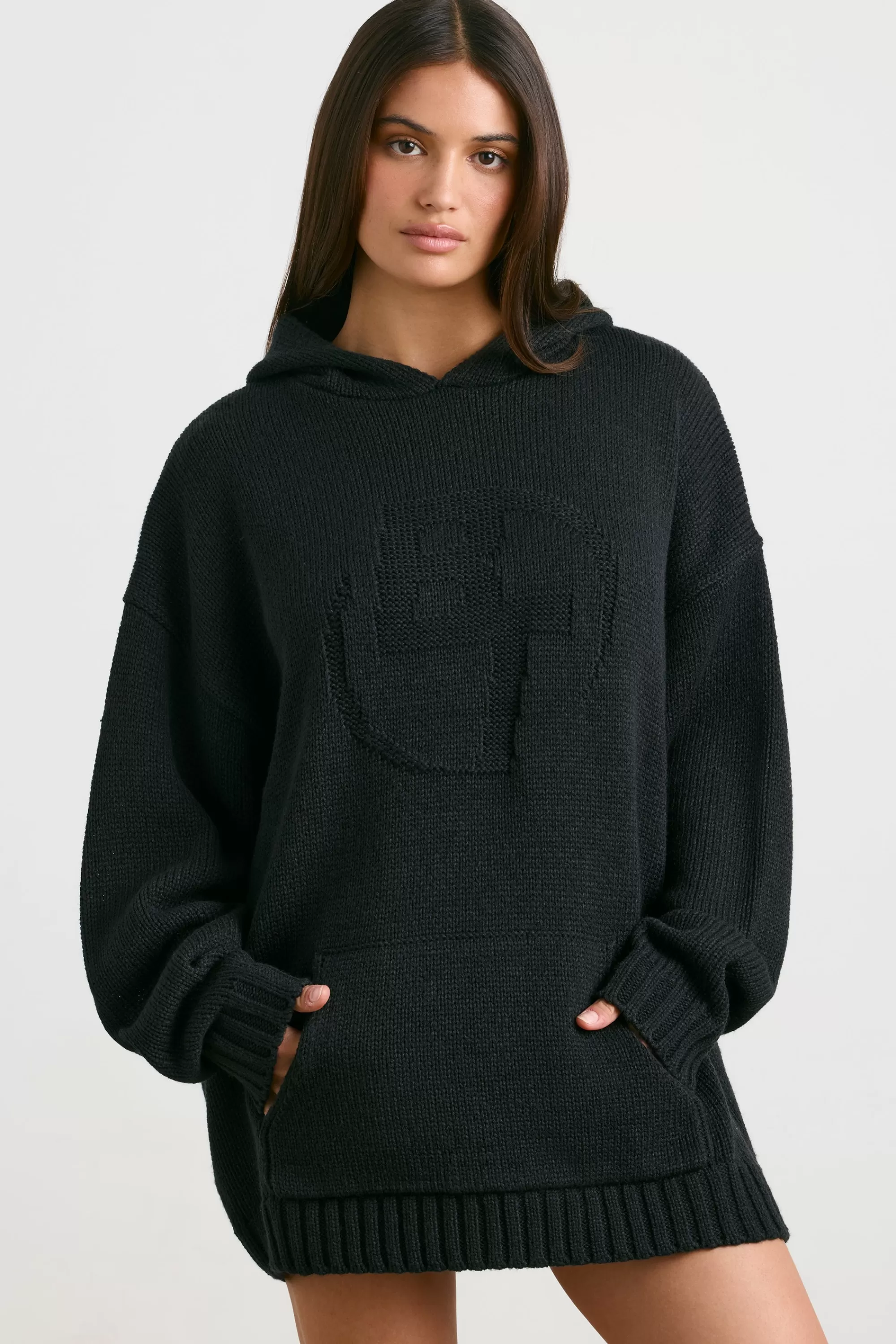 Oh Polly Oversized Chunky Knit Hoodie In Black Sale