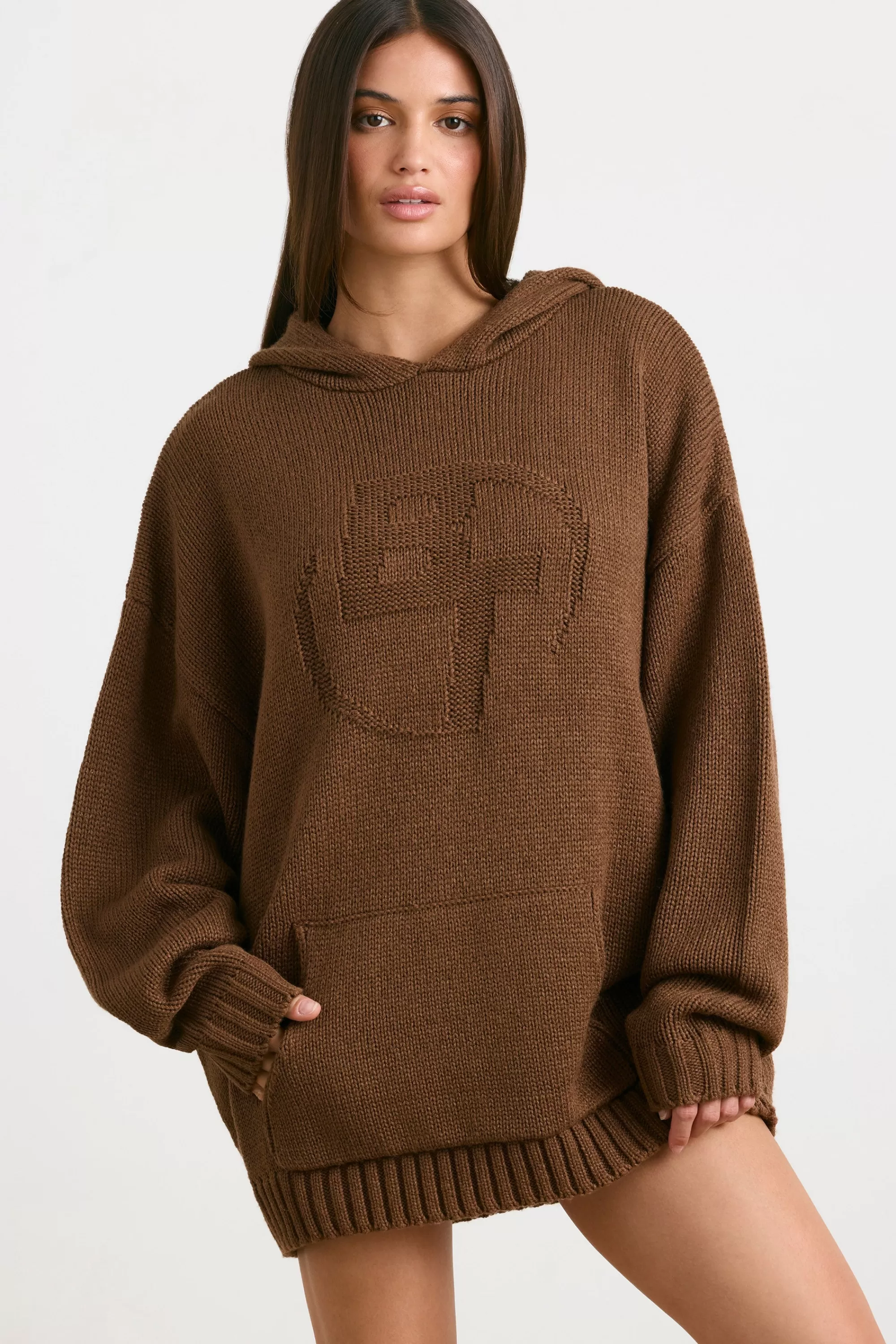 Oh Polly Oversized Chunky Knit Hoodie In Espresso Store